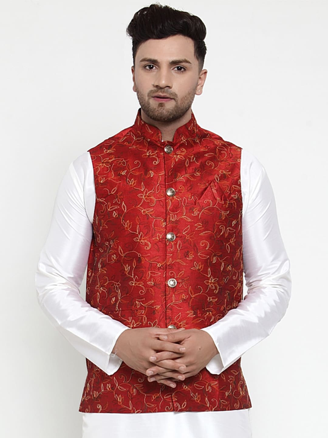 

Jompers Men Maroon Floral Embroidered Nehru Jacket