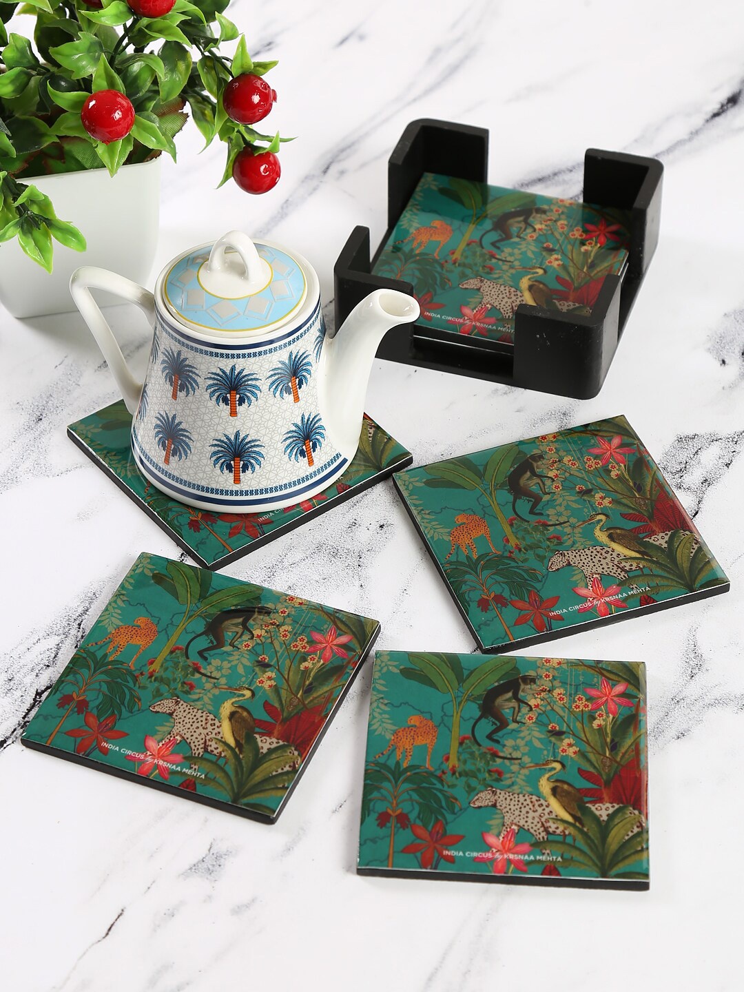 

India Circus by Krsnaa Mehta Set Of 6 Green & Red Animal Kingdom MDF Table Coaster