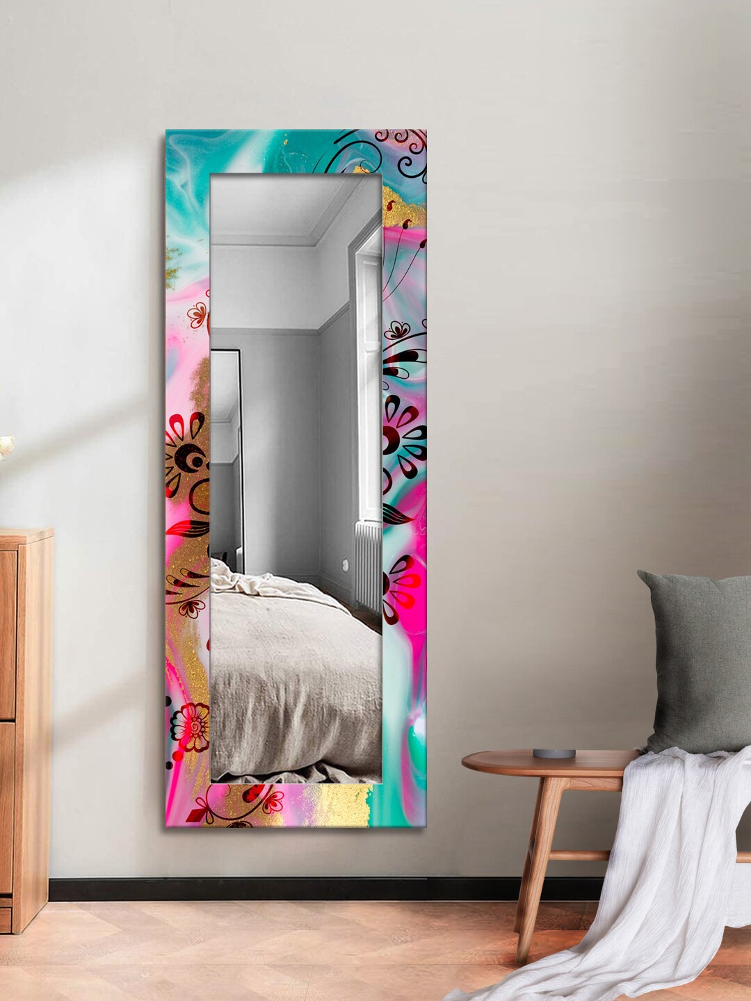 

999Store Blue & White Decorative Calendula Flower And Tree Wall Mirror