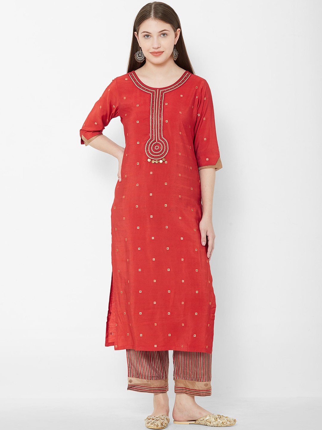 

Os Women Red & Beige Woven Design Kurta with Palazzos