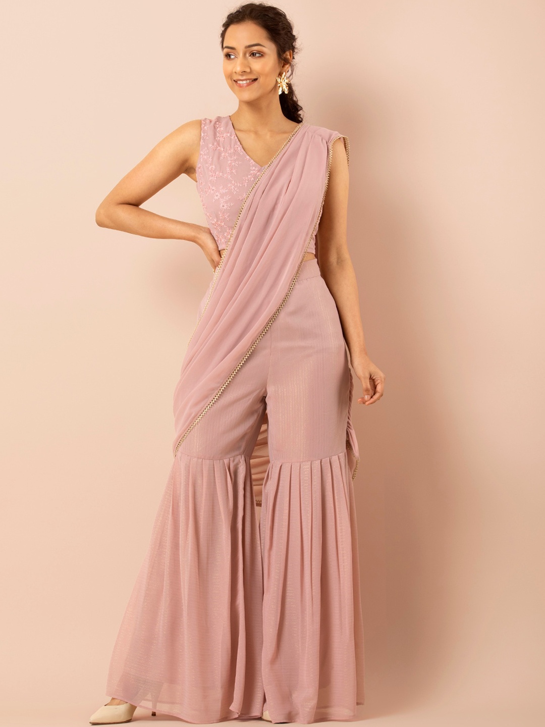 

INDYA Women Pink Solid Flared Palazzos with Attached Dupatta