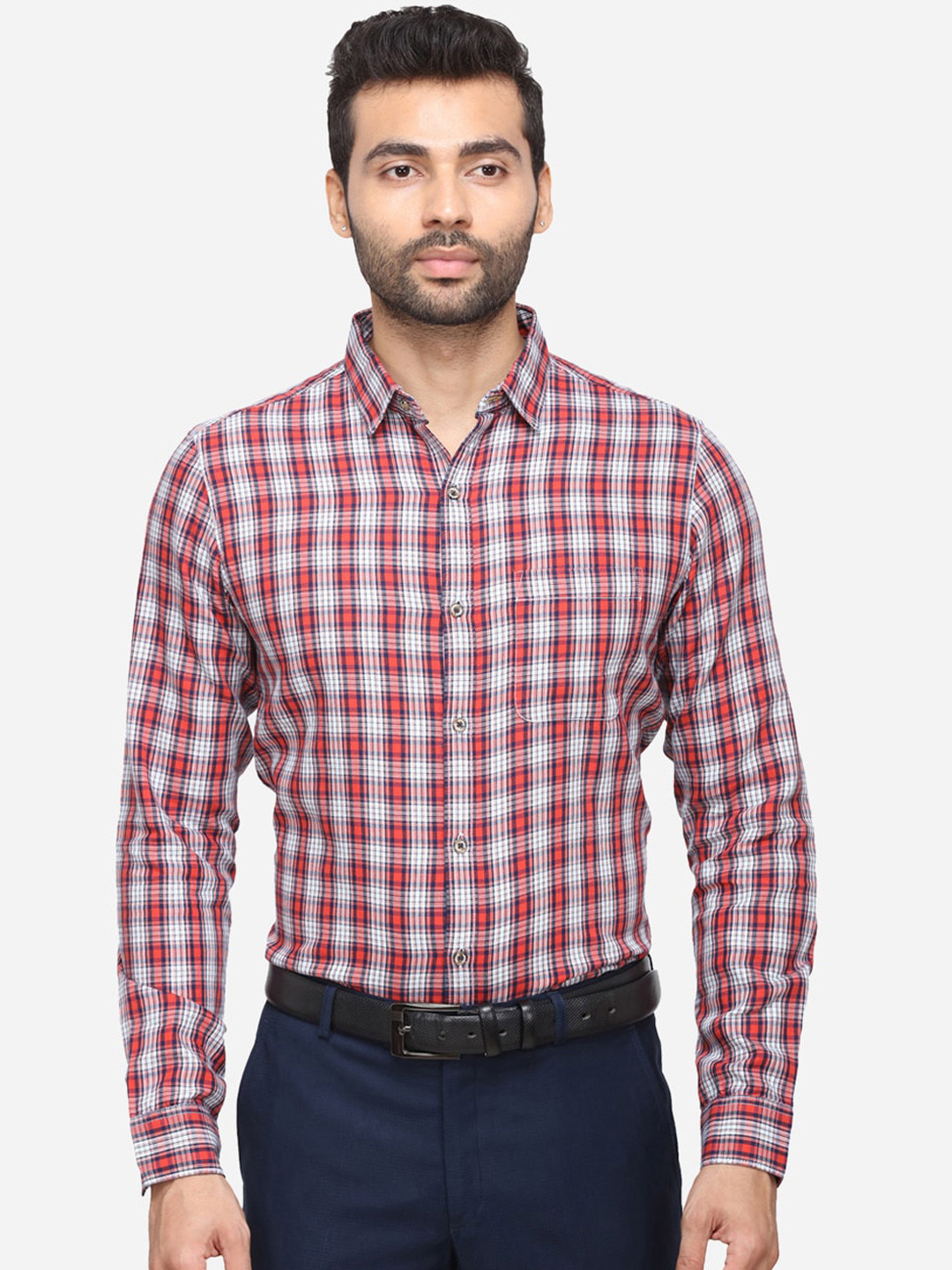 

JADE BLUE Men Red & White Regular Fit Checked Cotton Formal Shirt