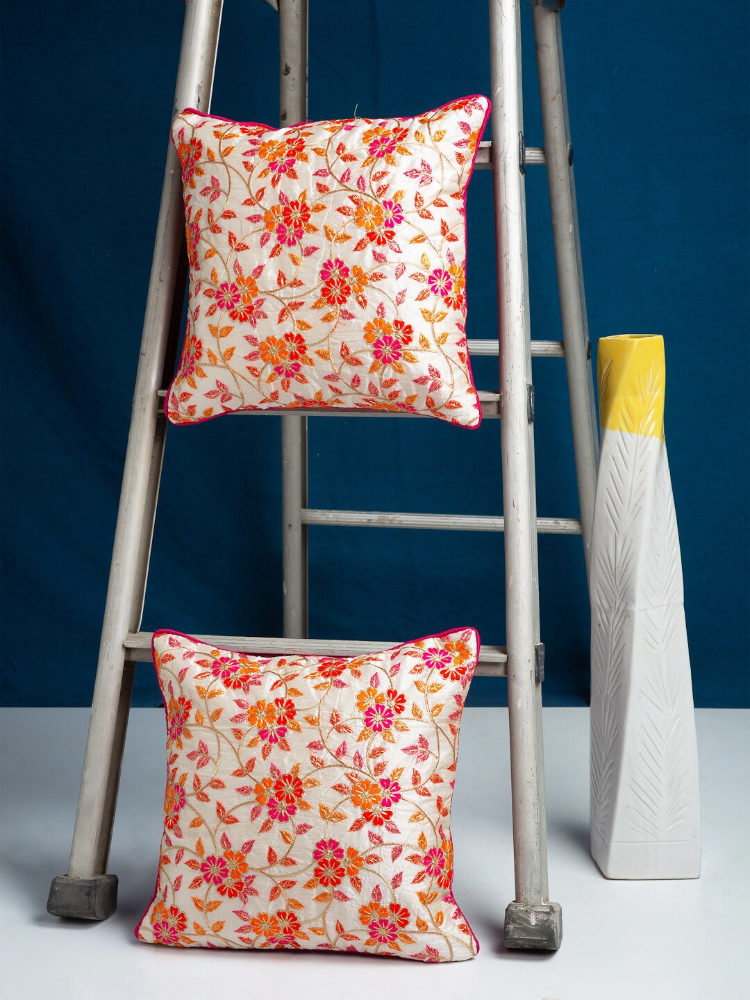 

HOSTA HOMES White & Orange Set of 2 Floral Velvet Square Cushion Covers