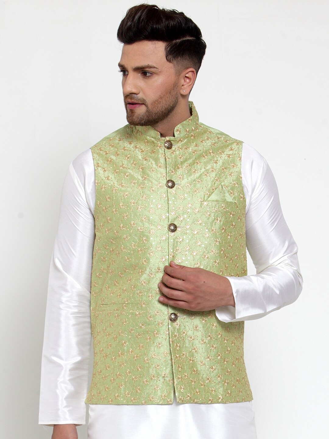 

Jompers Men Green & Gold-Coloured Embroidered Nehru Jacket