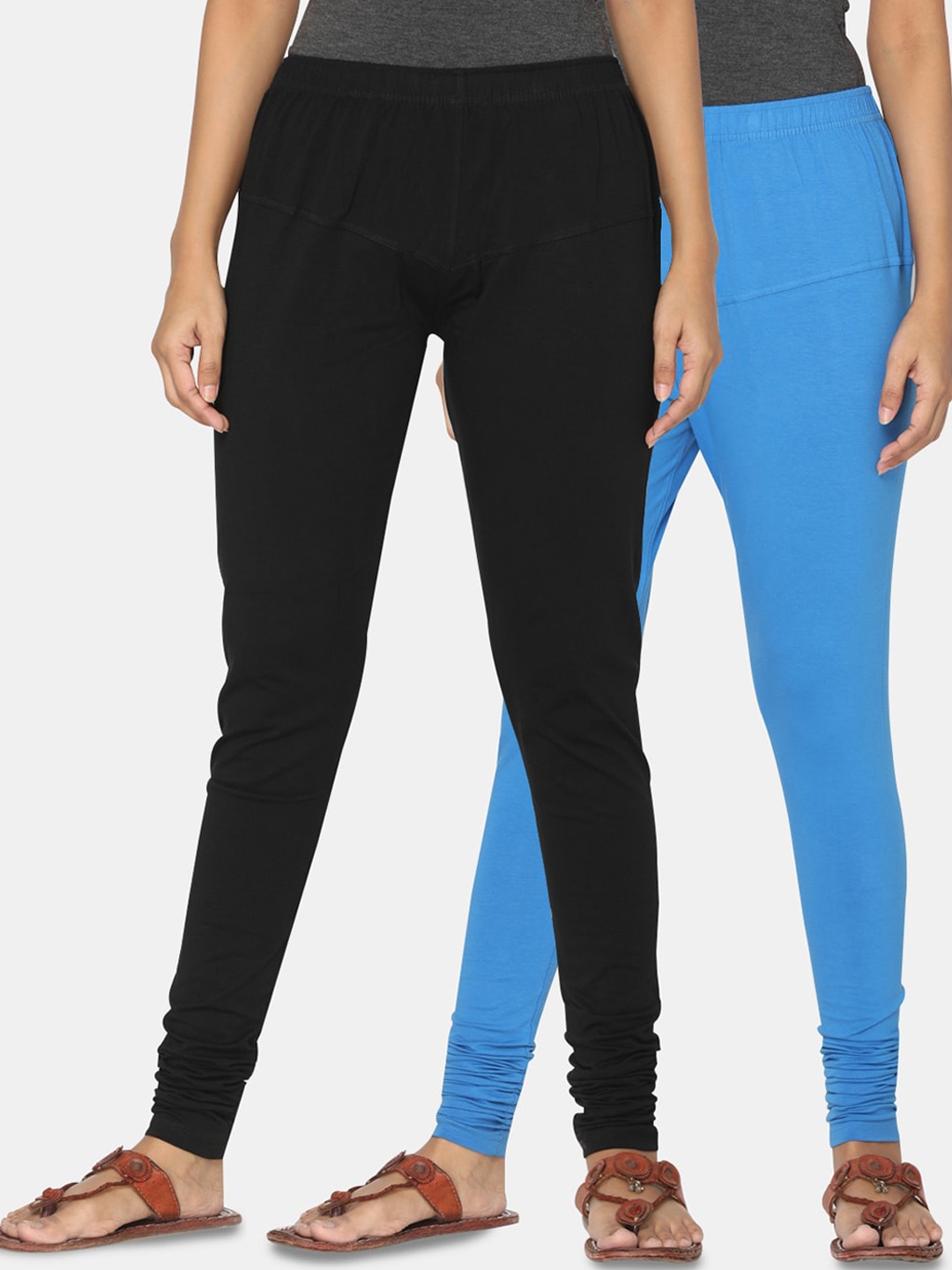 

TSG Bliss Women Pack Of 2 Black & Blue Solid Churidar-Length leggings