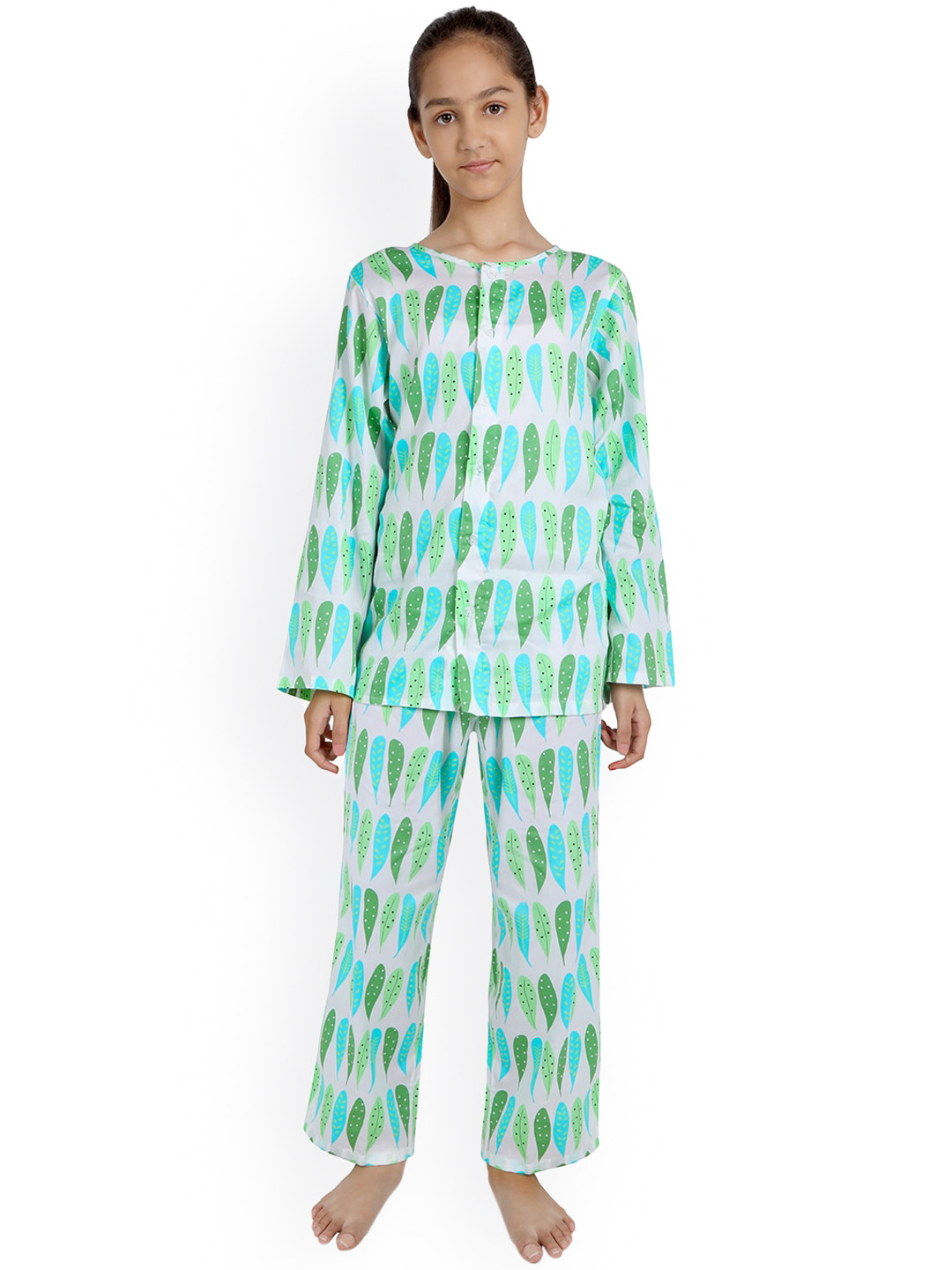 

Nigh Nigh Girls White & Green Printed Sustainable Night Suit