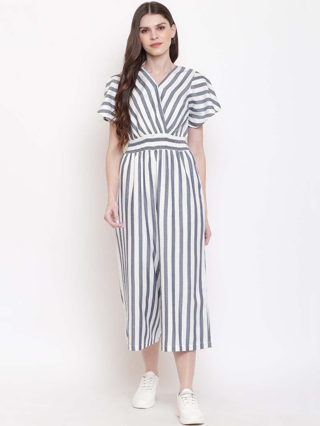 

Mayra Women White & Grey Striped Culotte Jumpsuit