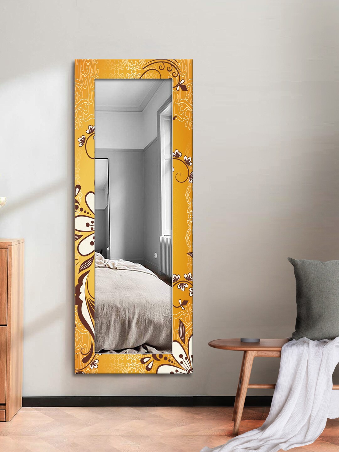 

999Store Yellow & Beige Printed Framed Wall Mirror