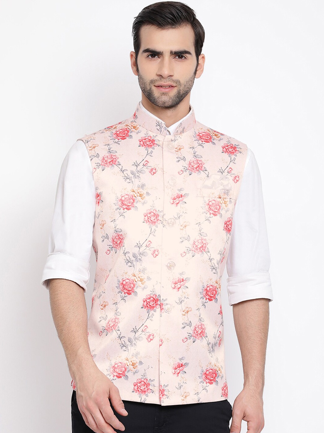 

VASTRAMAY Men Peach Coloured & Grey Floral Printed Nehru Jacket