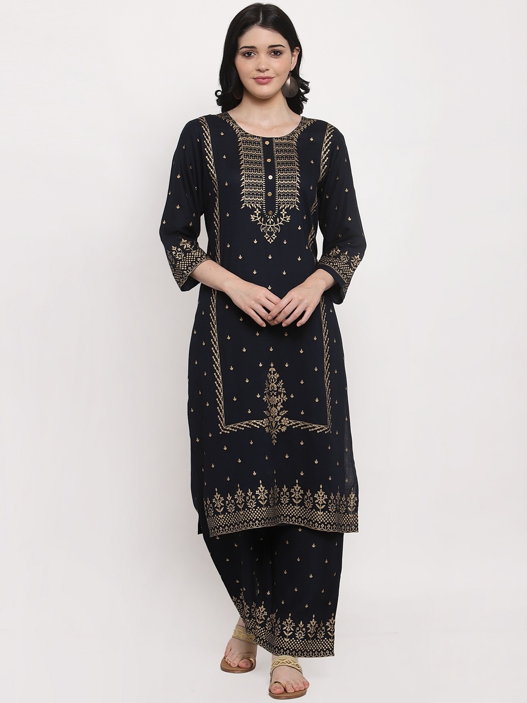 

ANAISA Women Navy Blue Woven Design Kurta with Palazzos