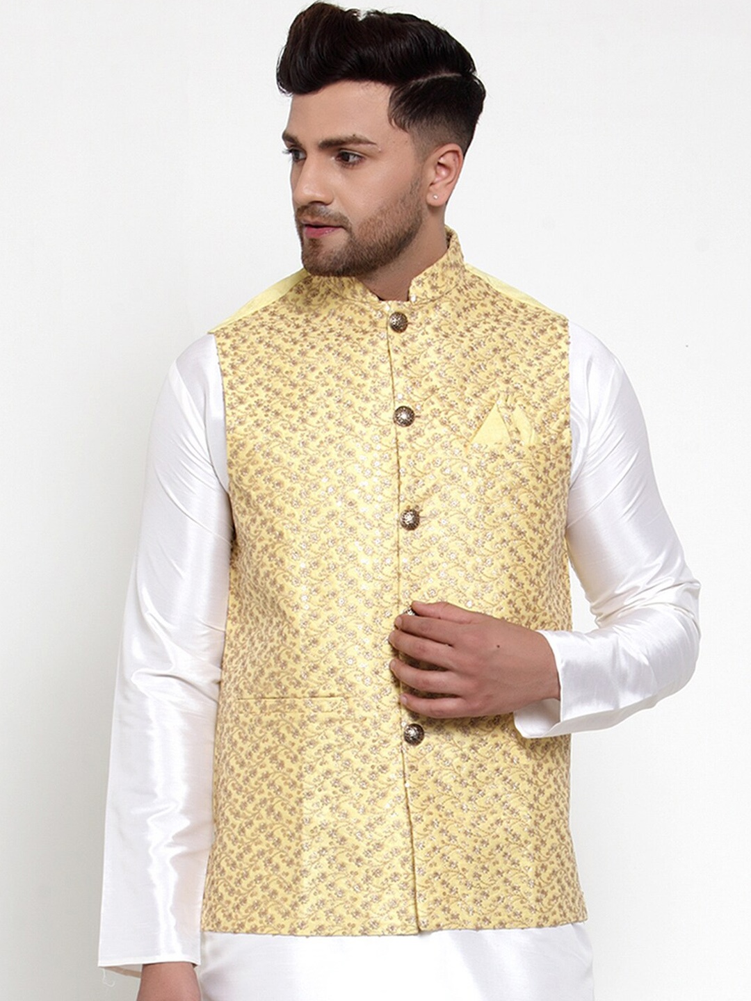 

Jompers Men Yellow Embroidered Nehru Jacket