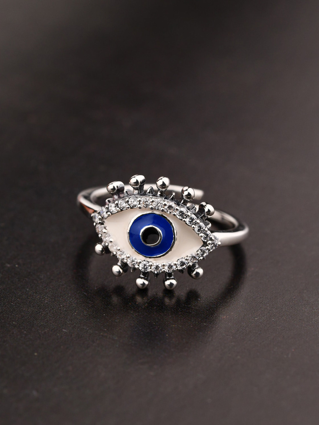 

TALISMAN Rhodium-Plated Silver-Toned & Peach-Coloured CZ-Studded Handcrafted Finger Ring