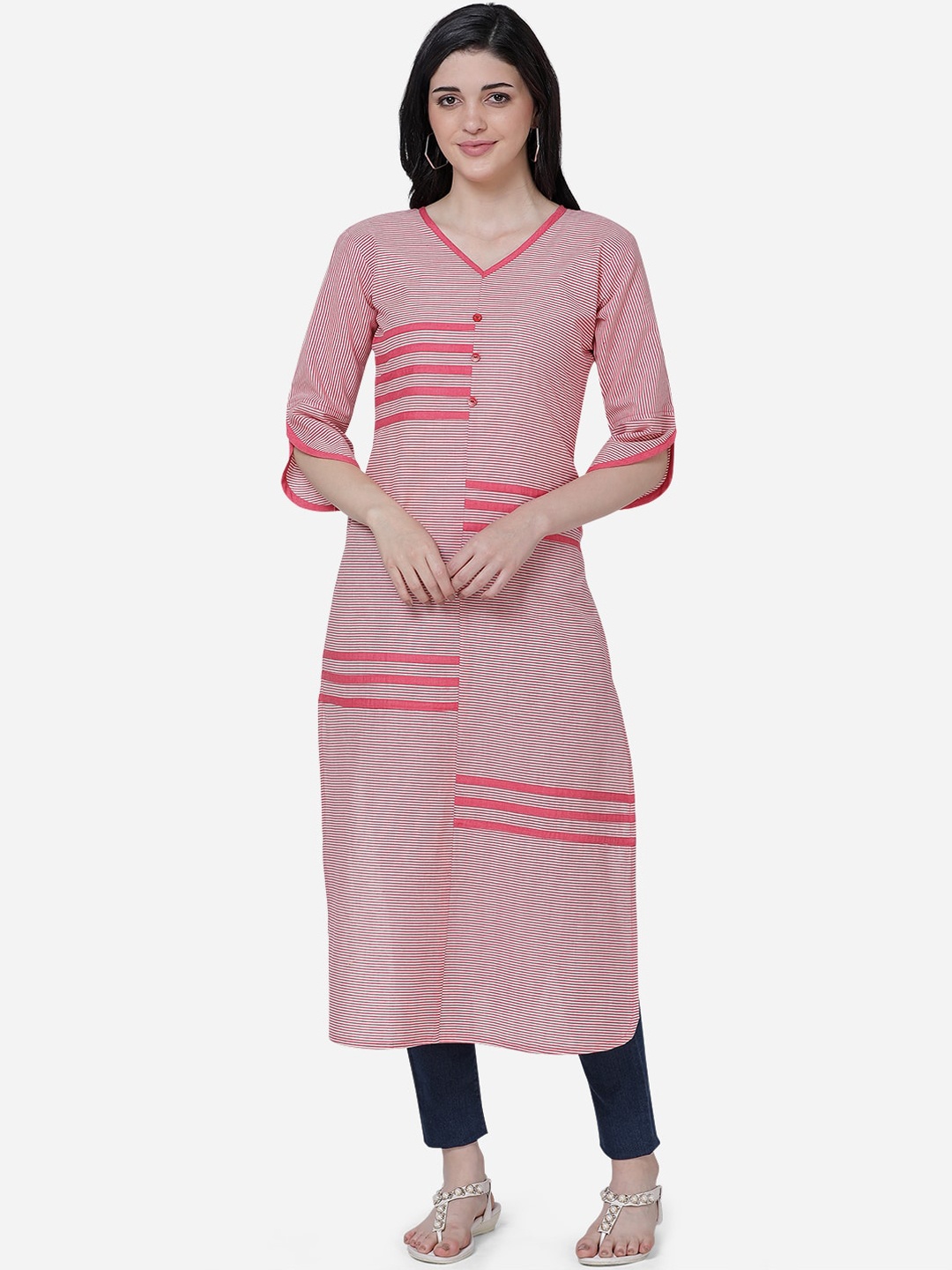 

Youthnic Women Pink Striped Straight Kurta