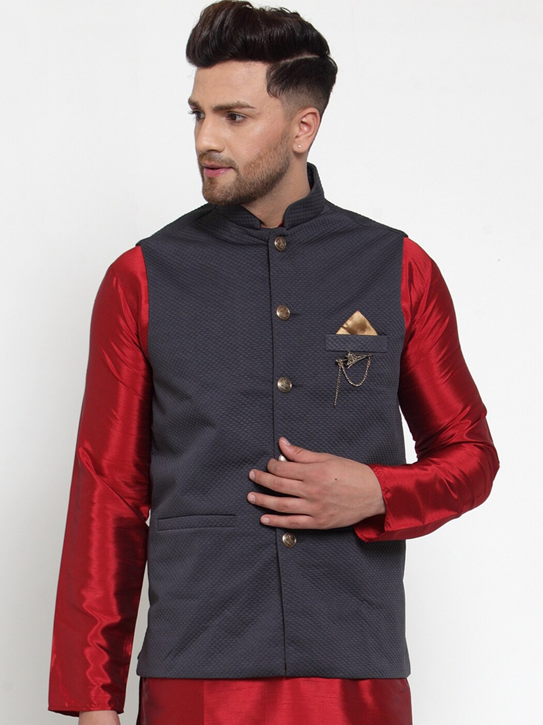 

Jompers Men Navy Blue Woven Quilted Nehru Jacket