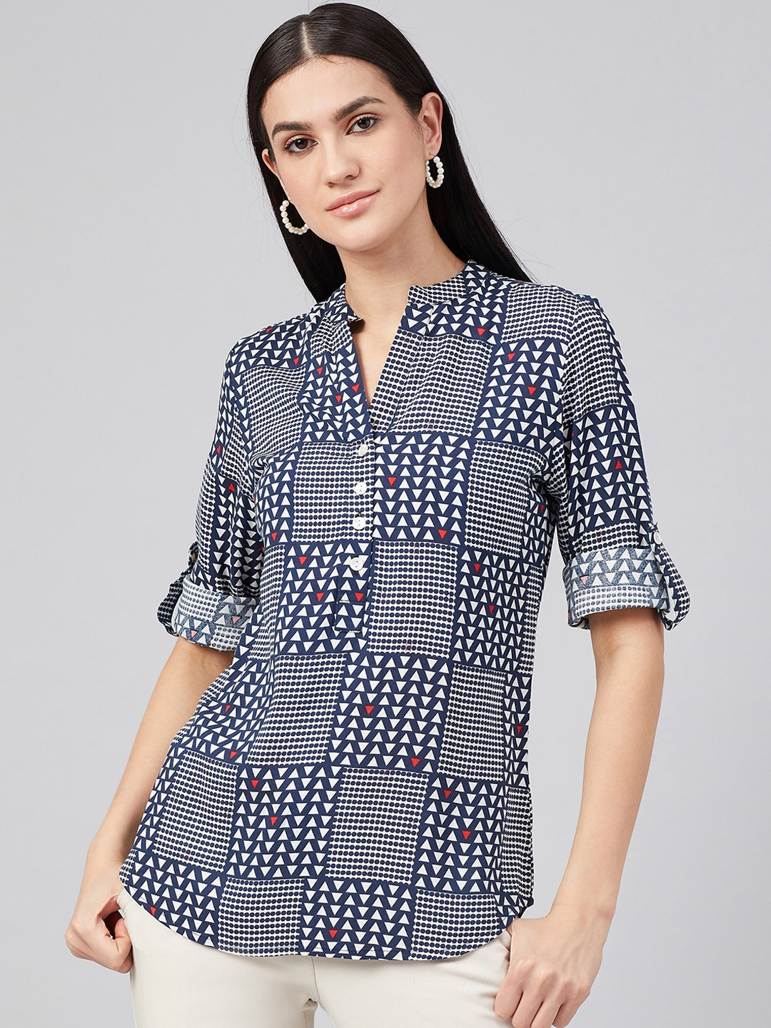 

RARE Women Navy Blue Checked Shirt Style Top