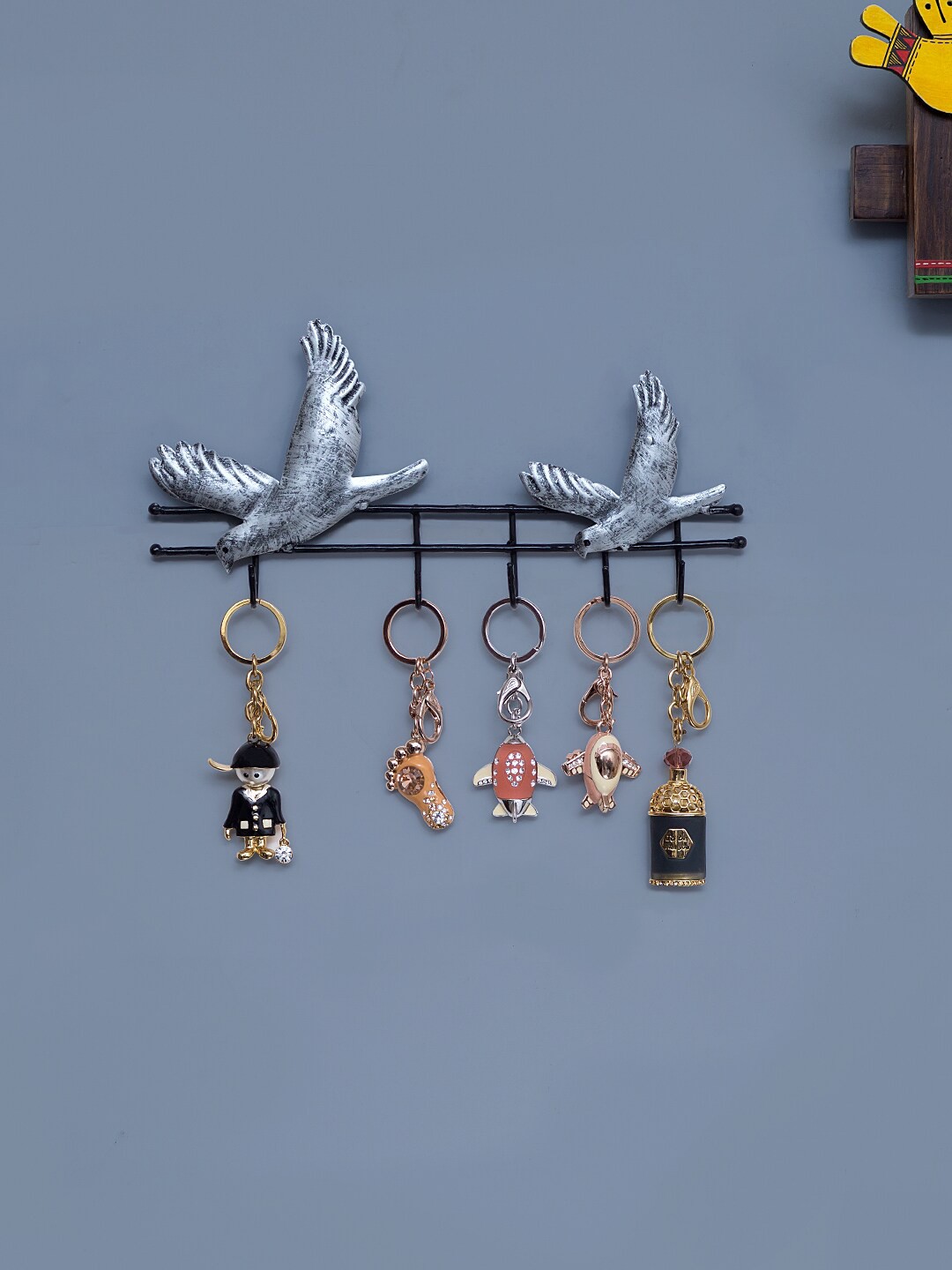 

Golden Peacock Silver-Toned & Black Bird Shaped Hand Painted 5 Hooks Key Holder