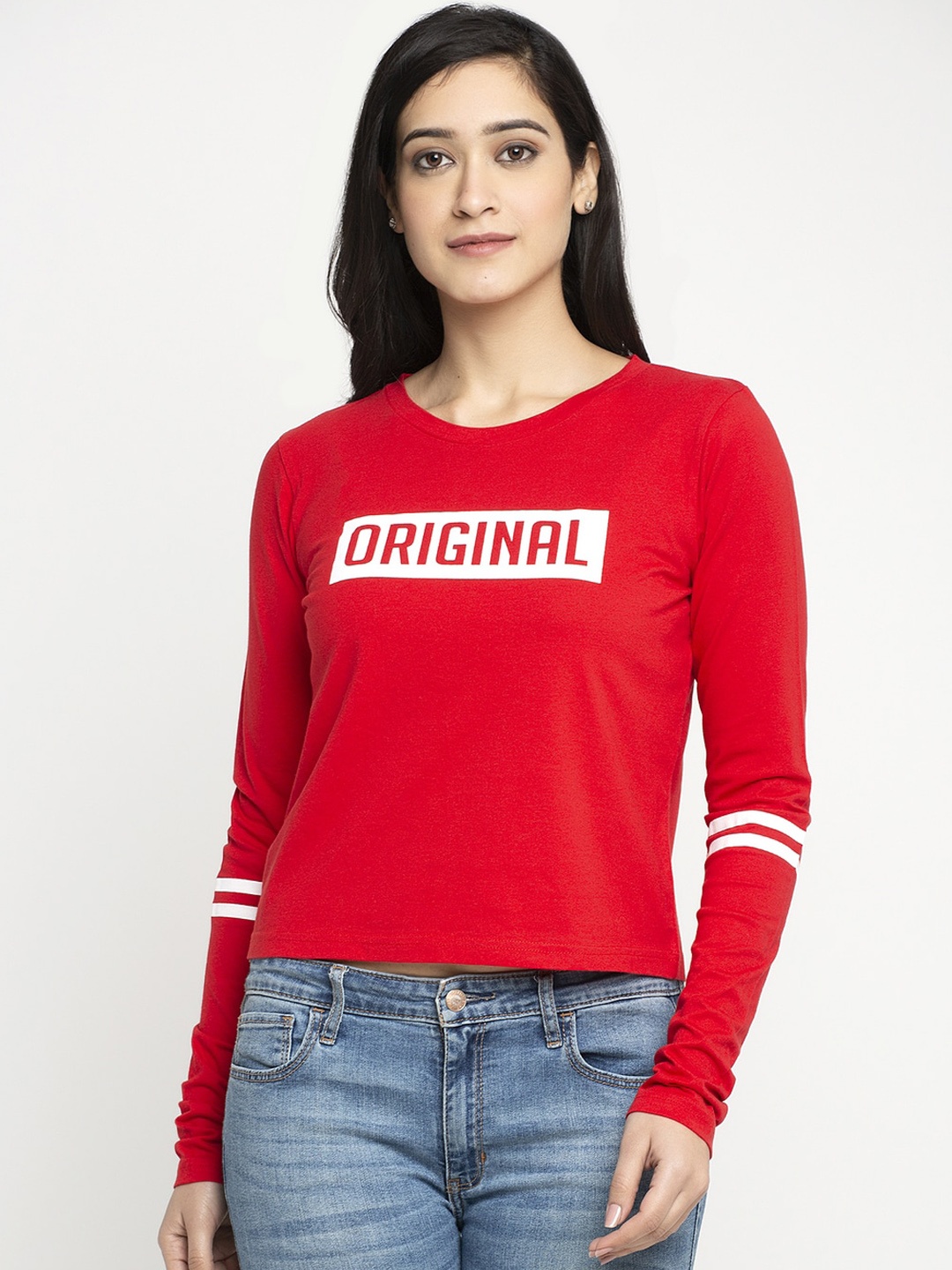 

DOOR74 Women Red Printed Round Neck T-shirt