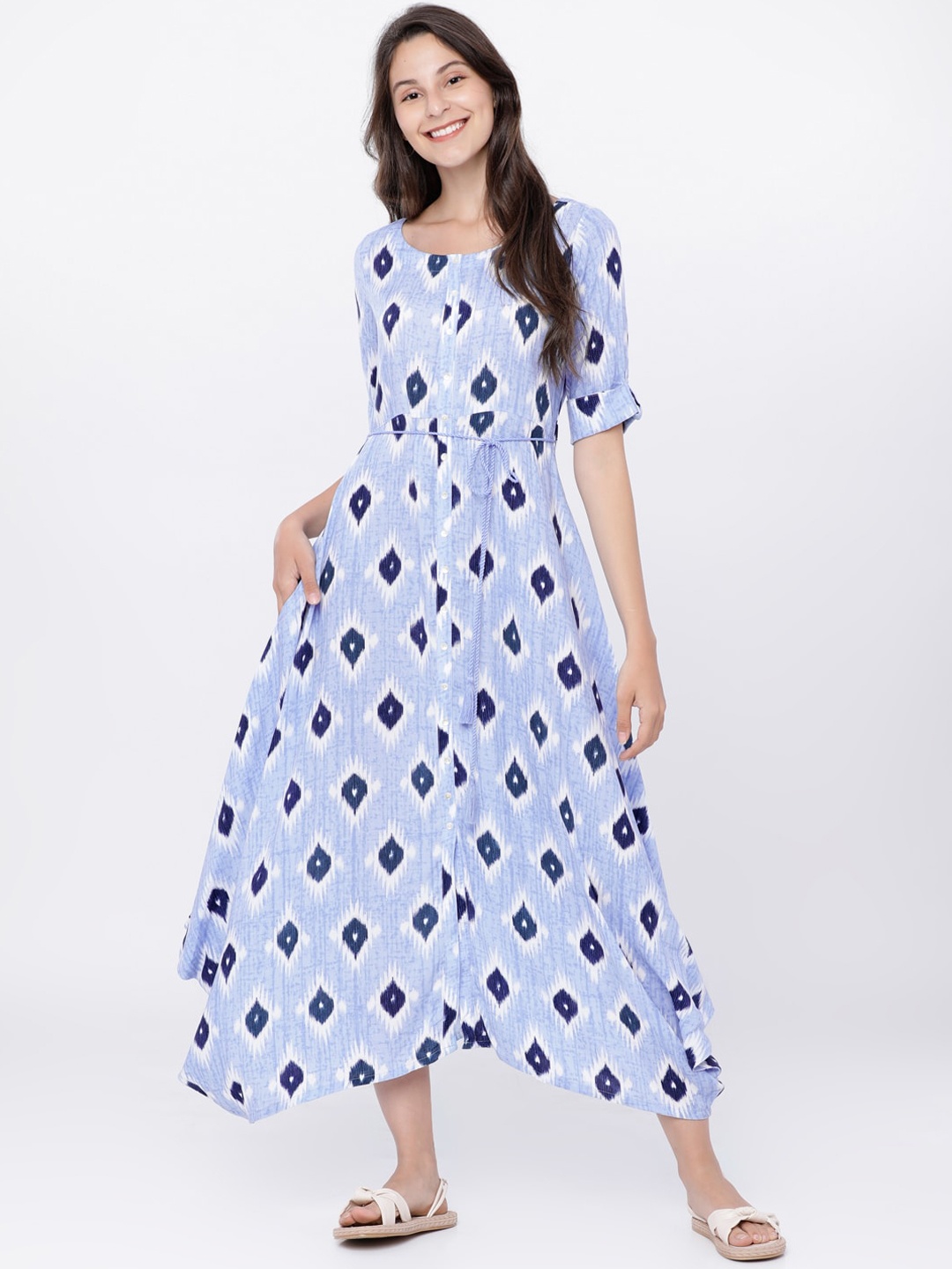 Vishudh Women Blue Printed Fit and Flare Dress