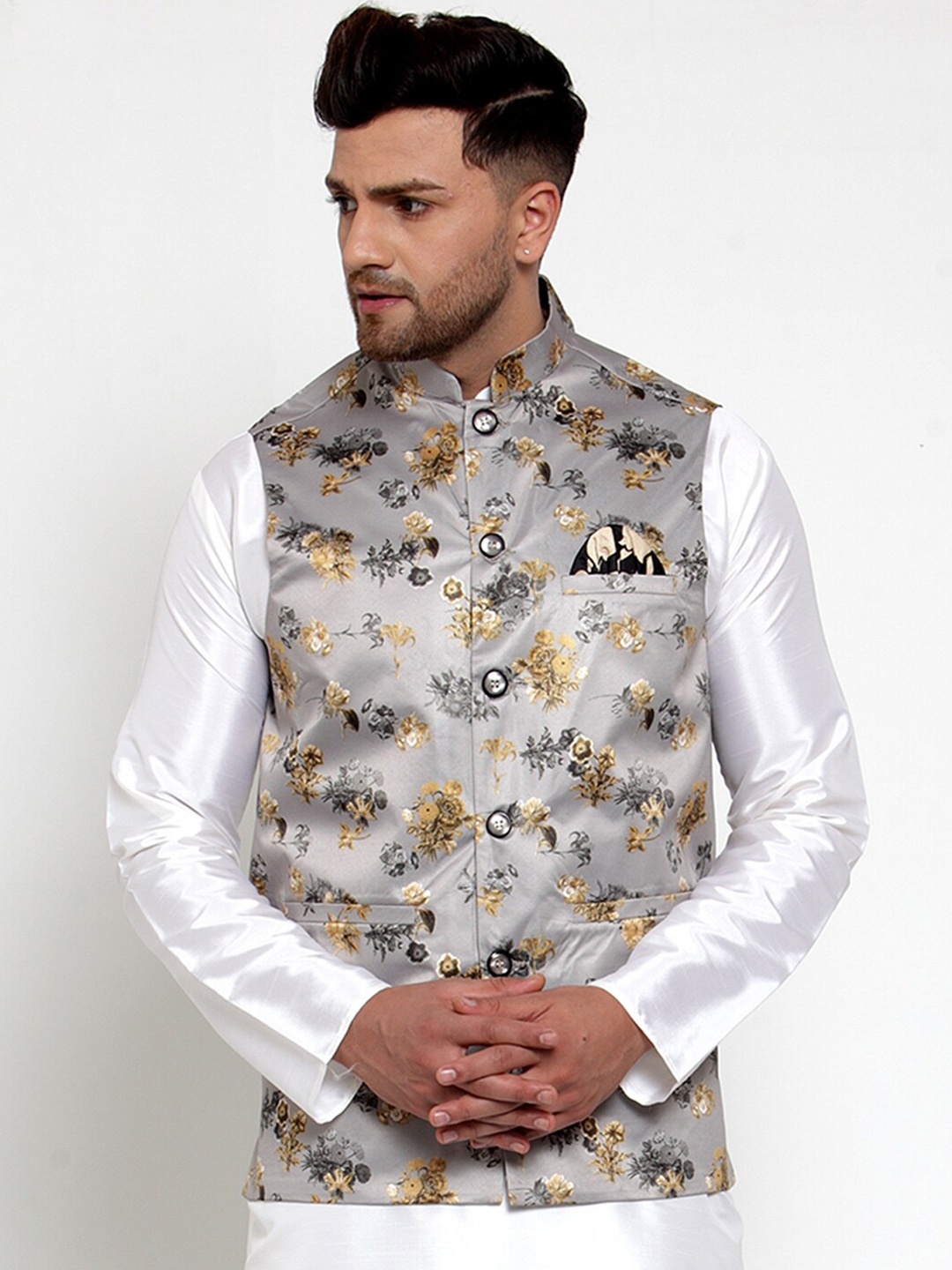 

Jompers Men Grey & Brown Printed Satin Nehru Jacket