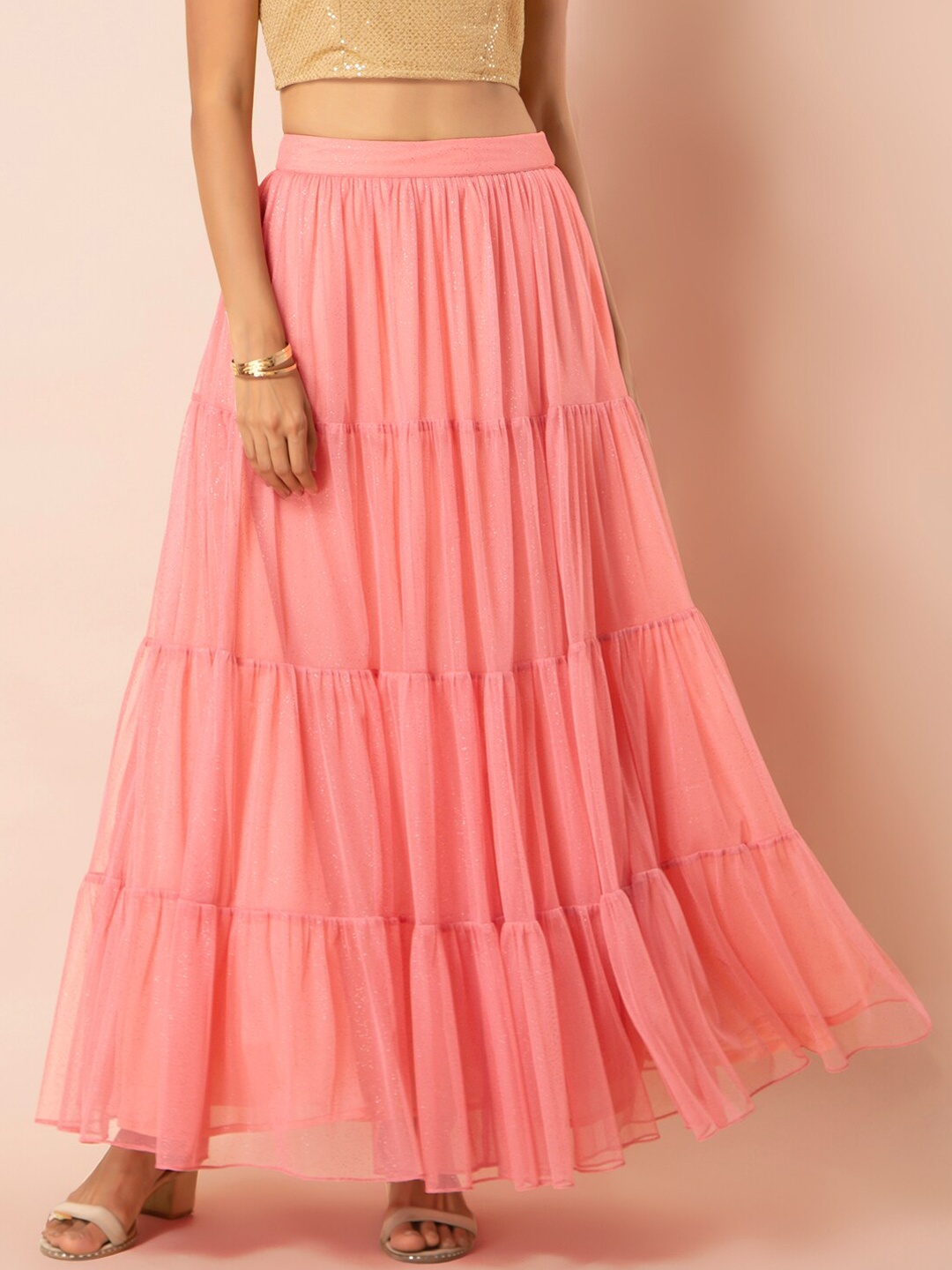 INDYA Women Pink Solid Tiered Maxi Skirt