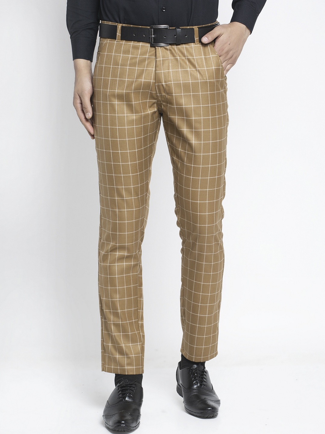 

JAINISH Men Camel Brown Slim Fit Checked Formal Trousers