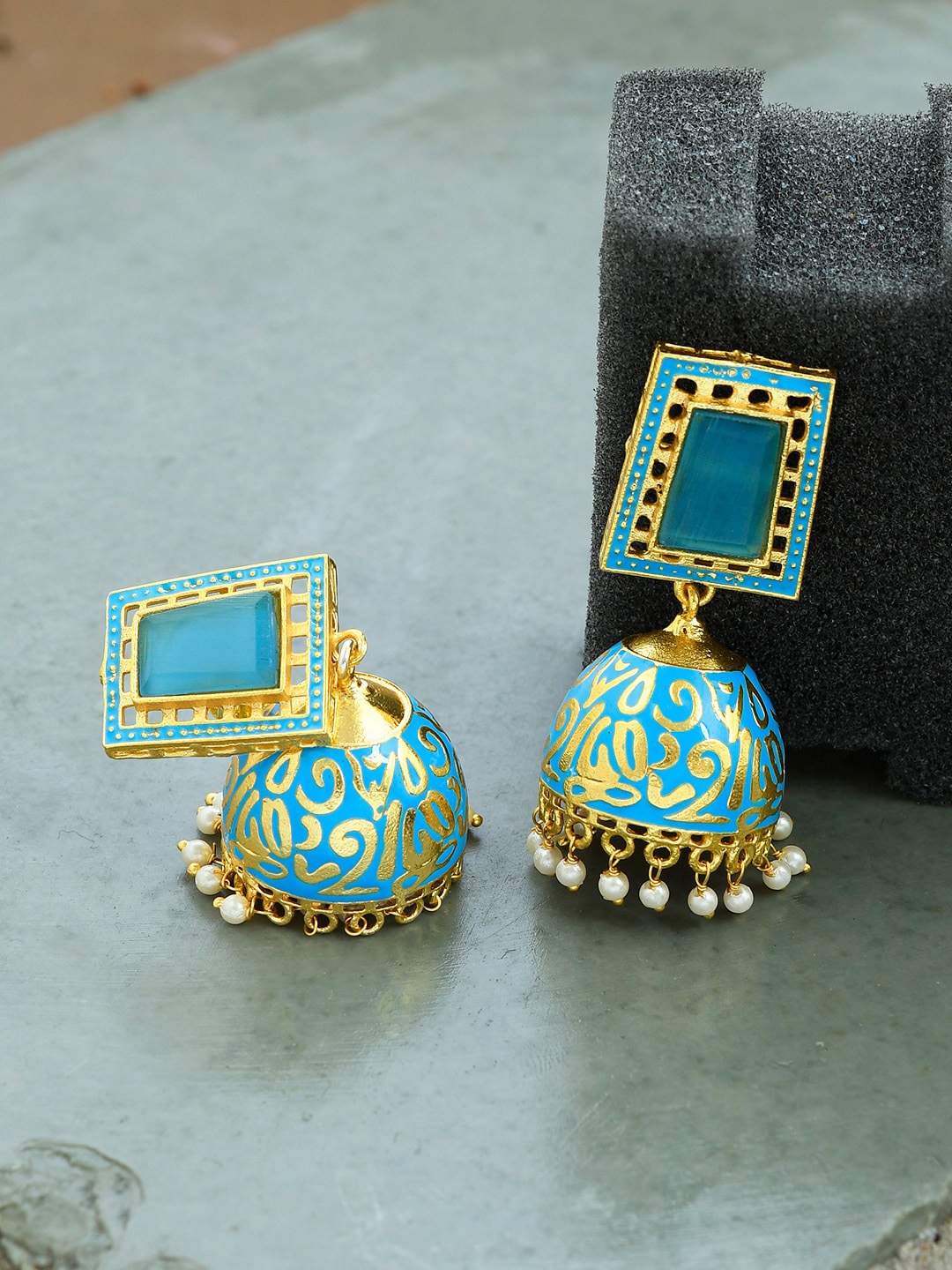 

Silvermerc Designs Gold-Plated & Blue Minakari Contemporary Jhumkas