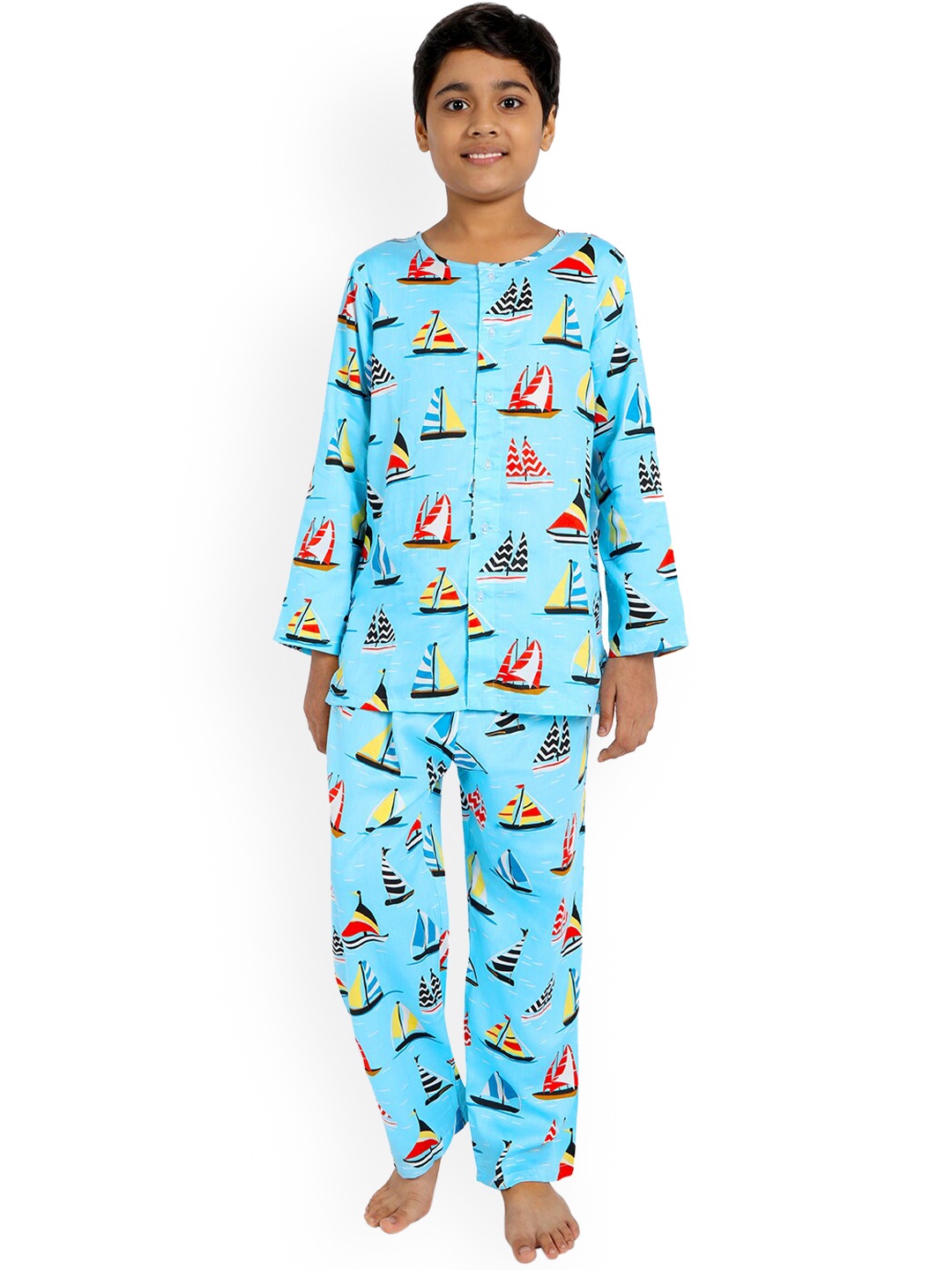 

Nigh Nigh Boys Blue Printed Sustainable Night Suit
