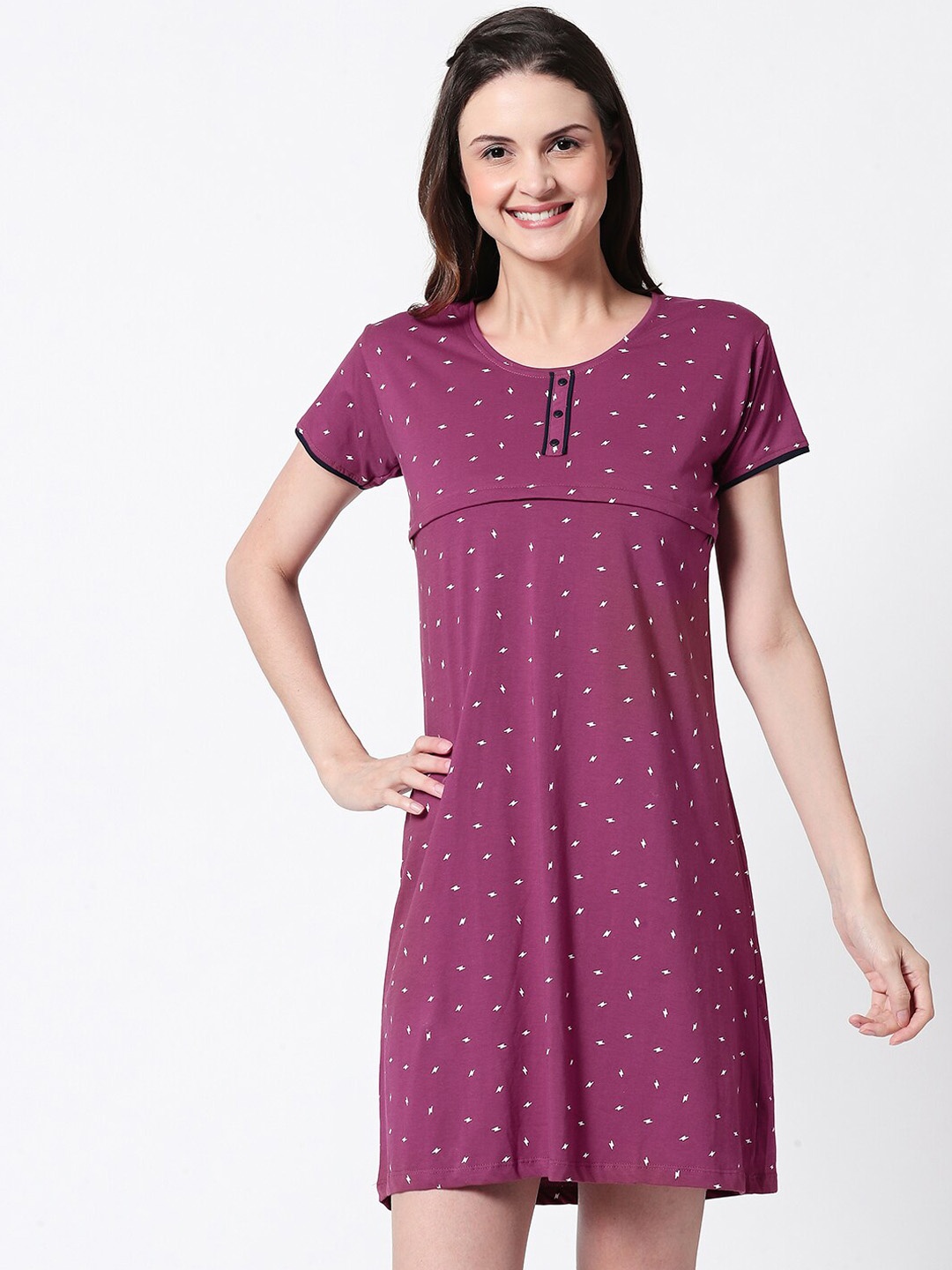 Zeyo Women Purple Printed Nursing & Feeding Nightdress