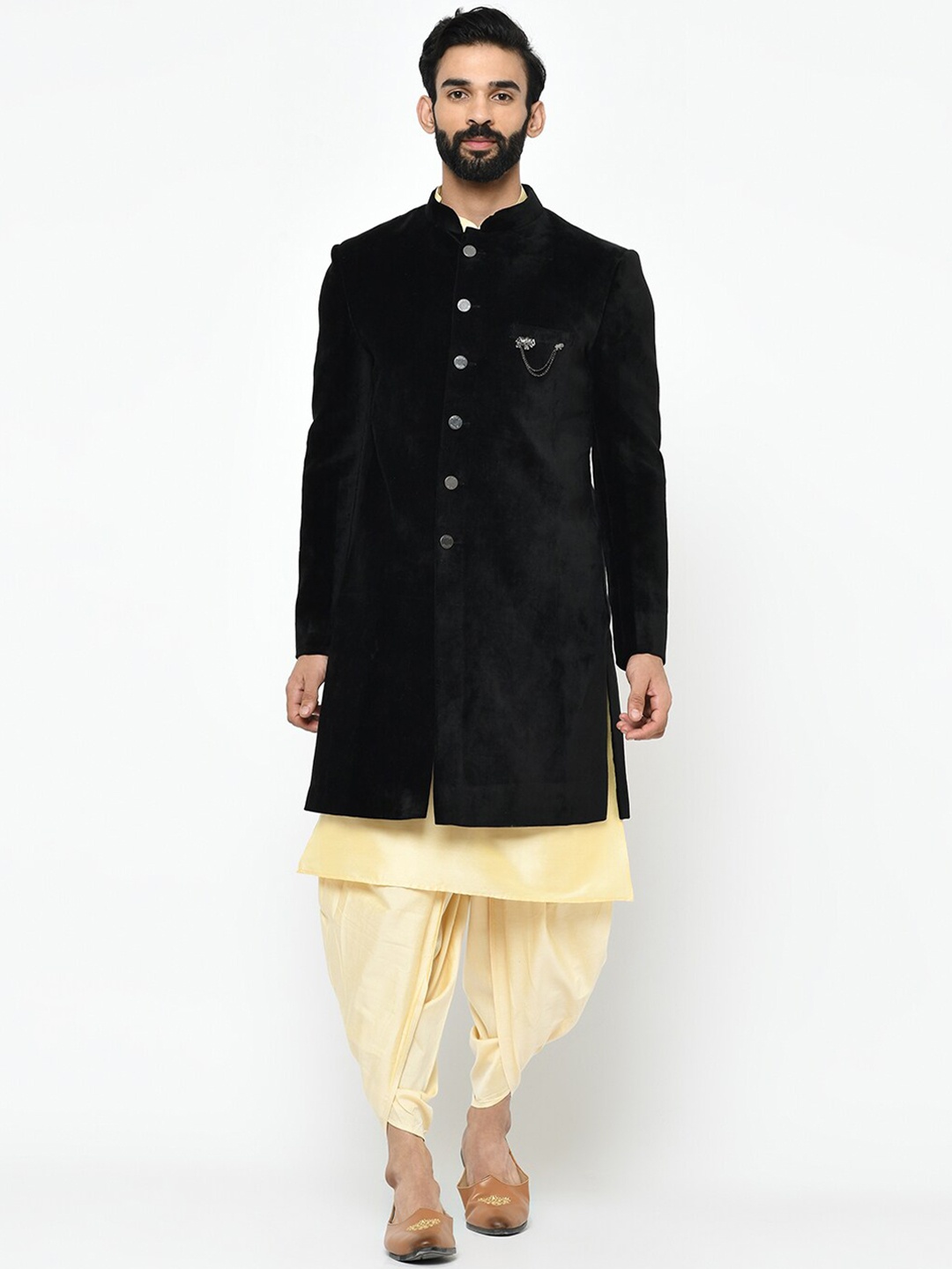 

KISAH Men Black & Cream Coloured Solid Sherwani Set