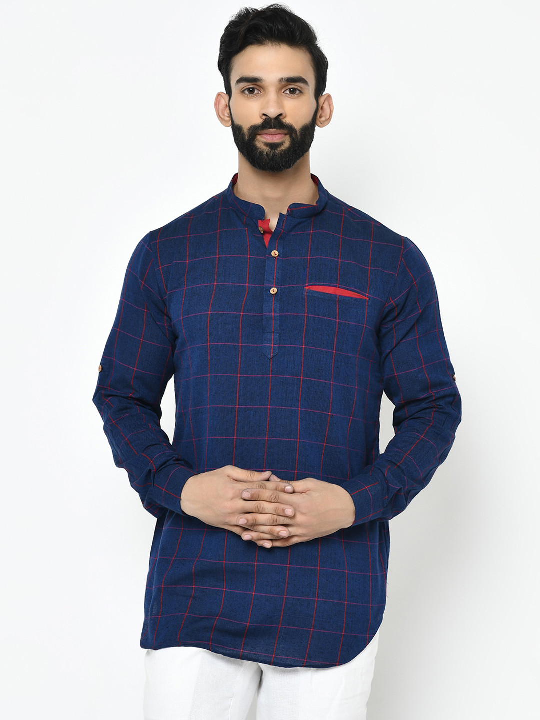 

Vartah Men Blue Cotton Blend - Printed Short Kurta, Navy blue