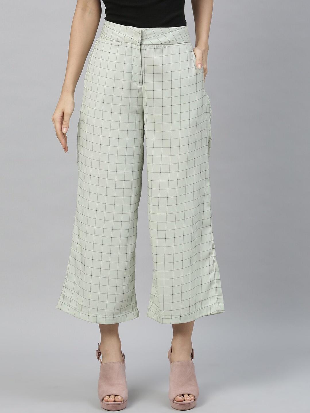 

RAREISM Women Green Regular Fit Checked Parallel Trousers