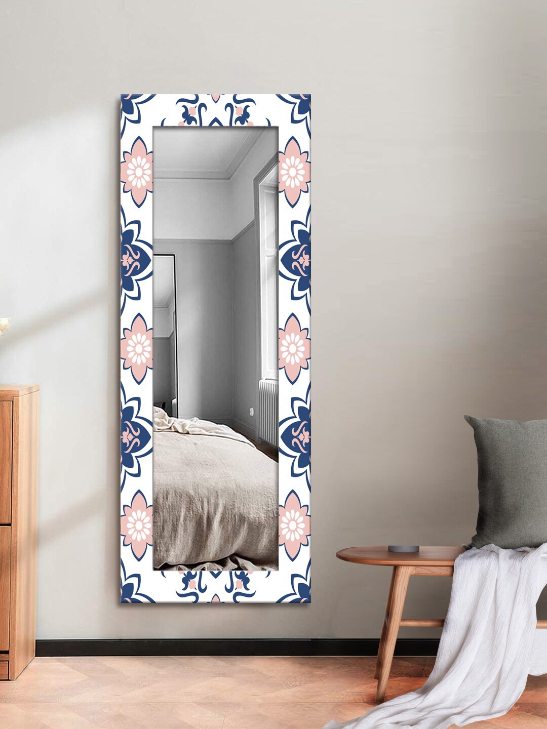 

999Store White & Blue Printed Framed Wall Mirror