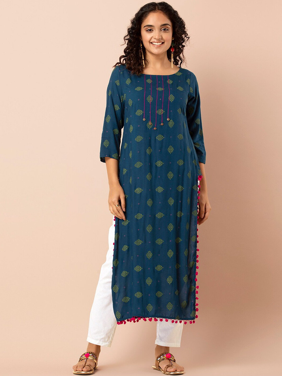 

INDYA Navy Blue & Green Ethnic Motifs Printed Pom-Pom Kurta