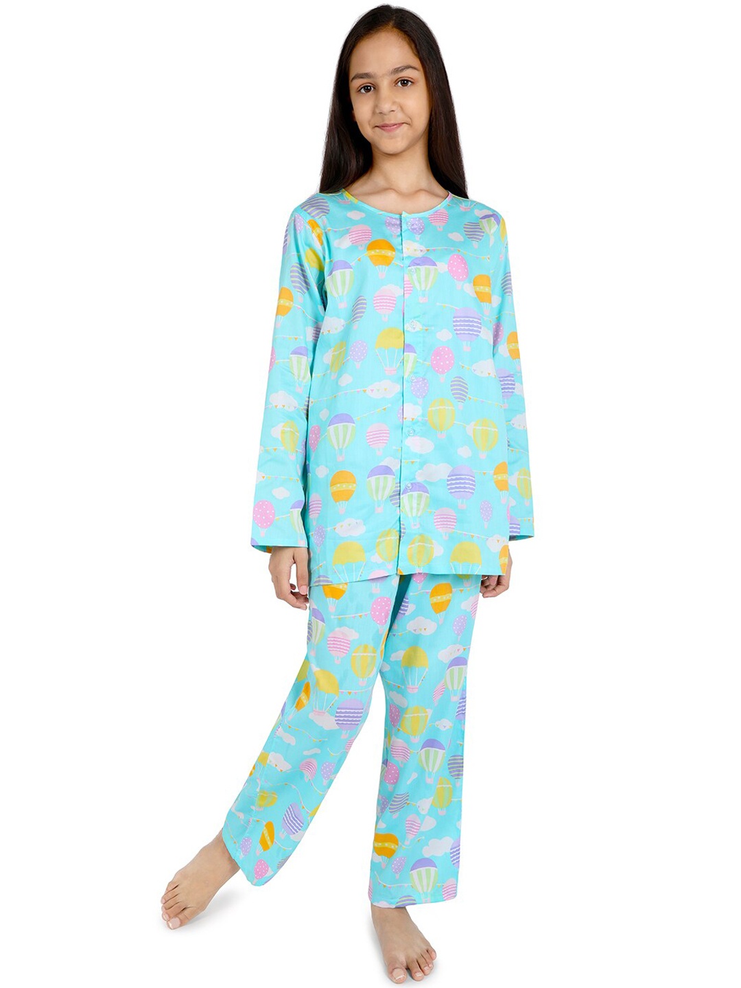 

Nigh Nigh Girls Turquoise Blue & Pink Printed Sustainable Night Suit