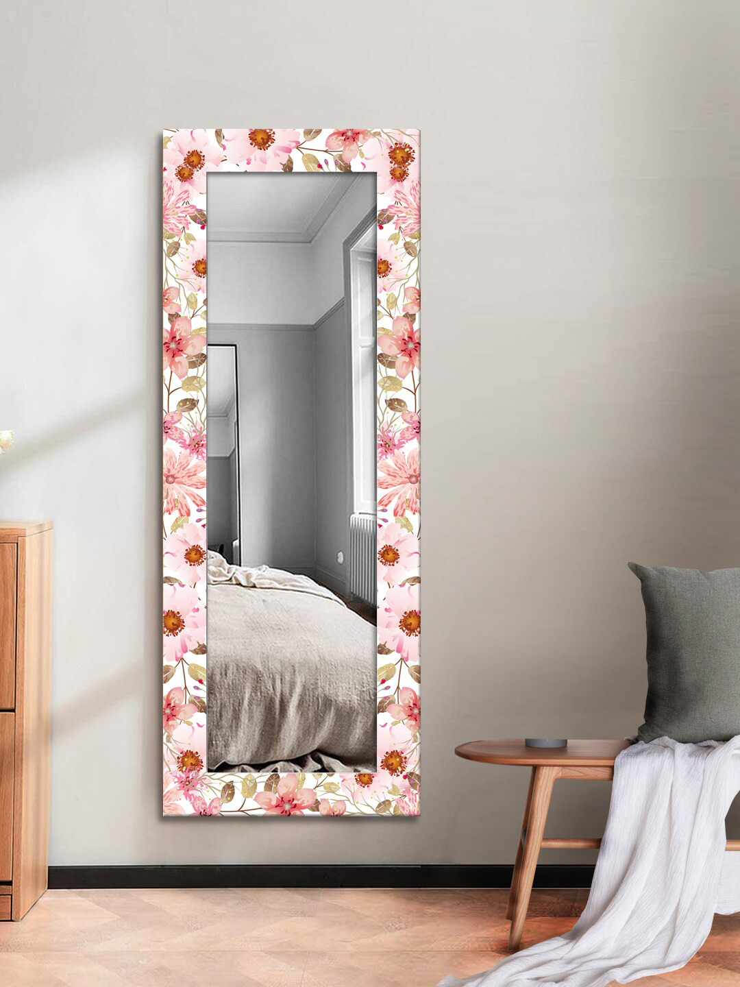 

999Store Pink & White Decorative Flower And Tree Printed Wall Mirror