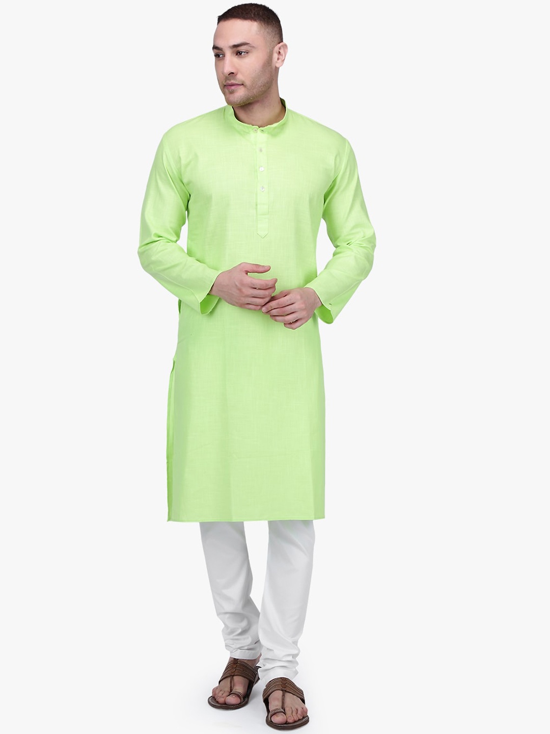 

RAJUBHAI HARGOVINDAS Men Lime Green & White Woven Design Kurta with Pyjamas