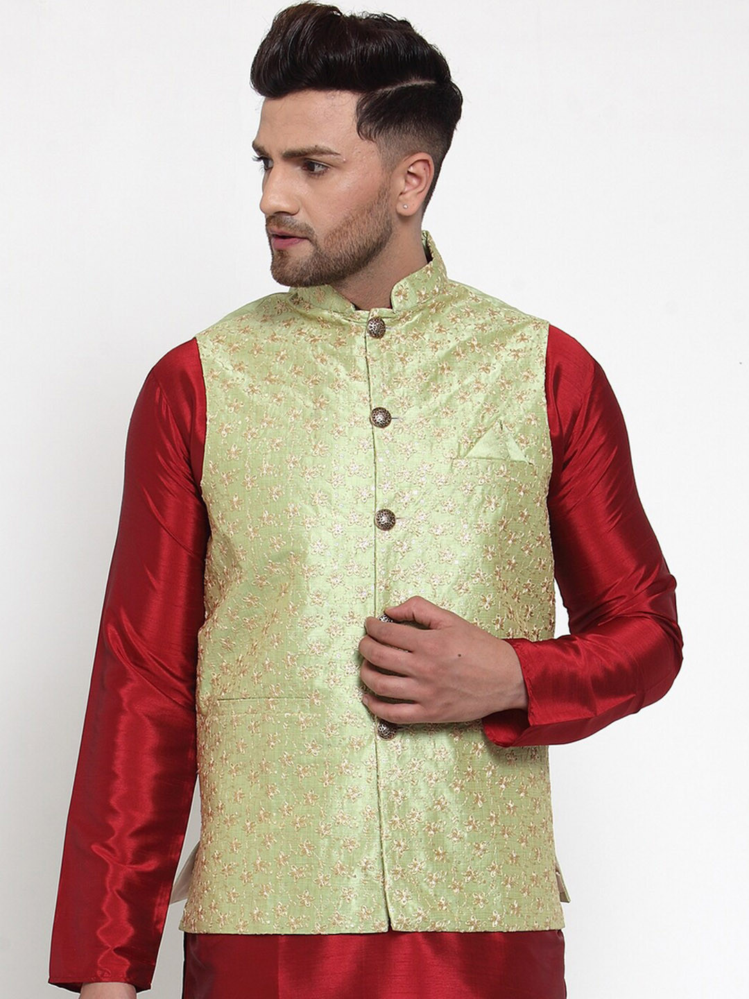 

Jompers Men Green & Gold-Coloured Embroidered Nehru Jacket