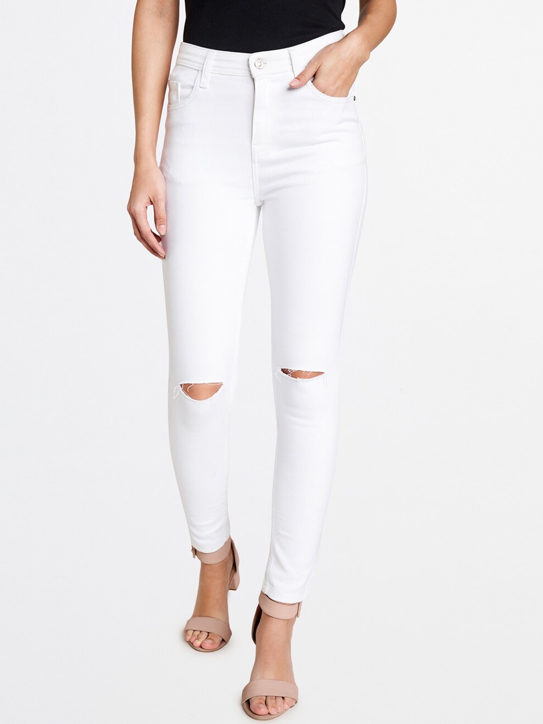 

AND Women White Skinny Fit Mid-Rise Slash Knee Jeans