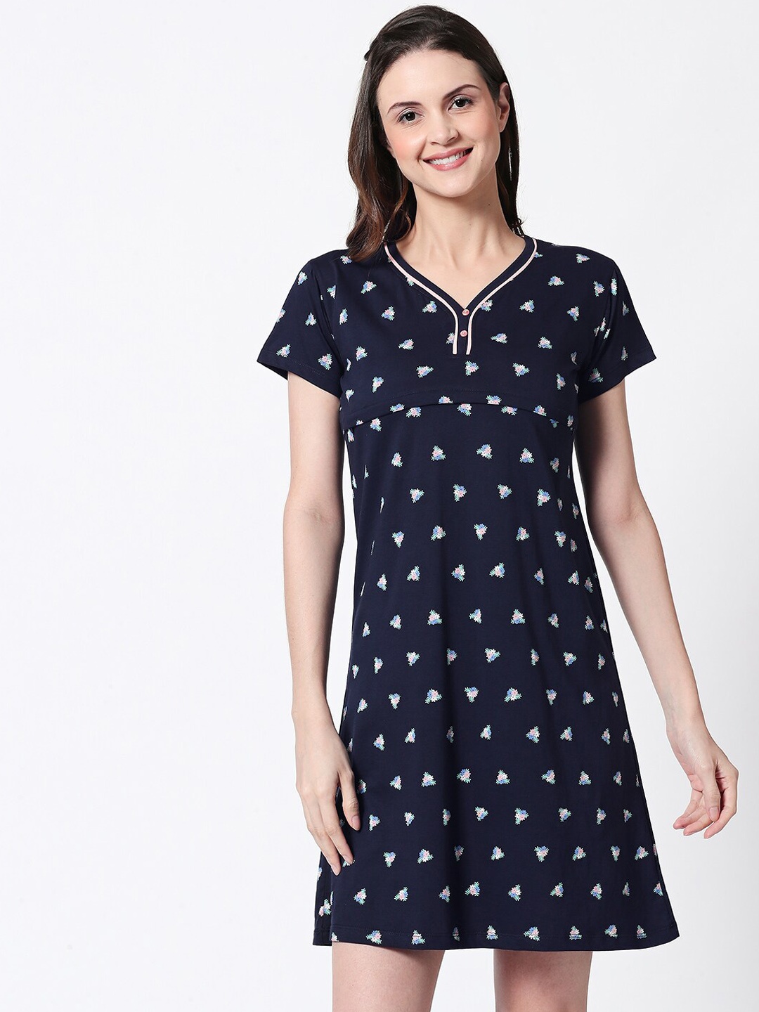 

Zeyo Women Navy Blue Printed Nursing & Feeding Nightdress