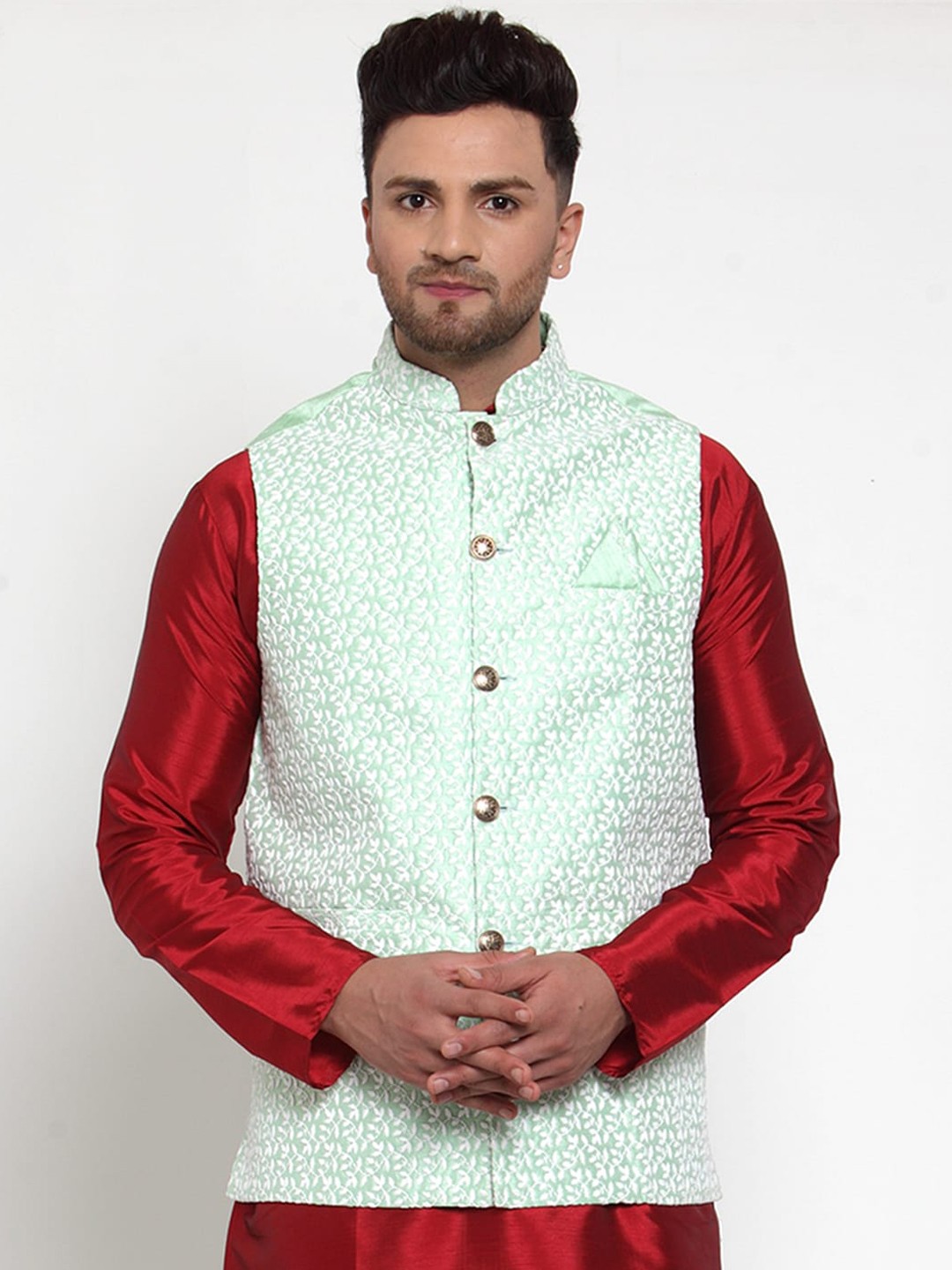 

Jompers Men Green & White Woven Design Nehru Jacket