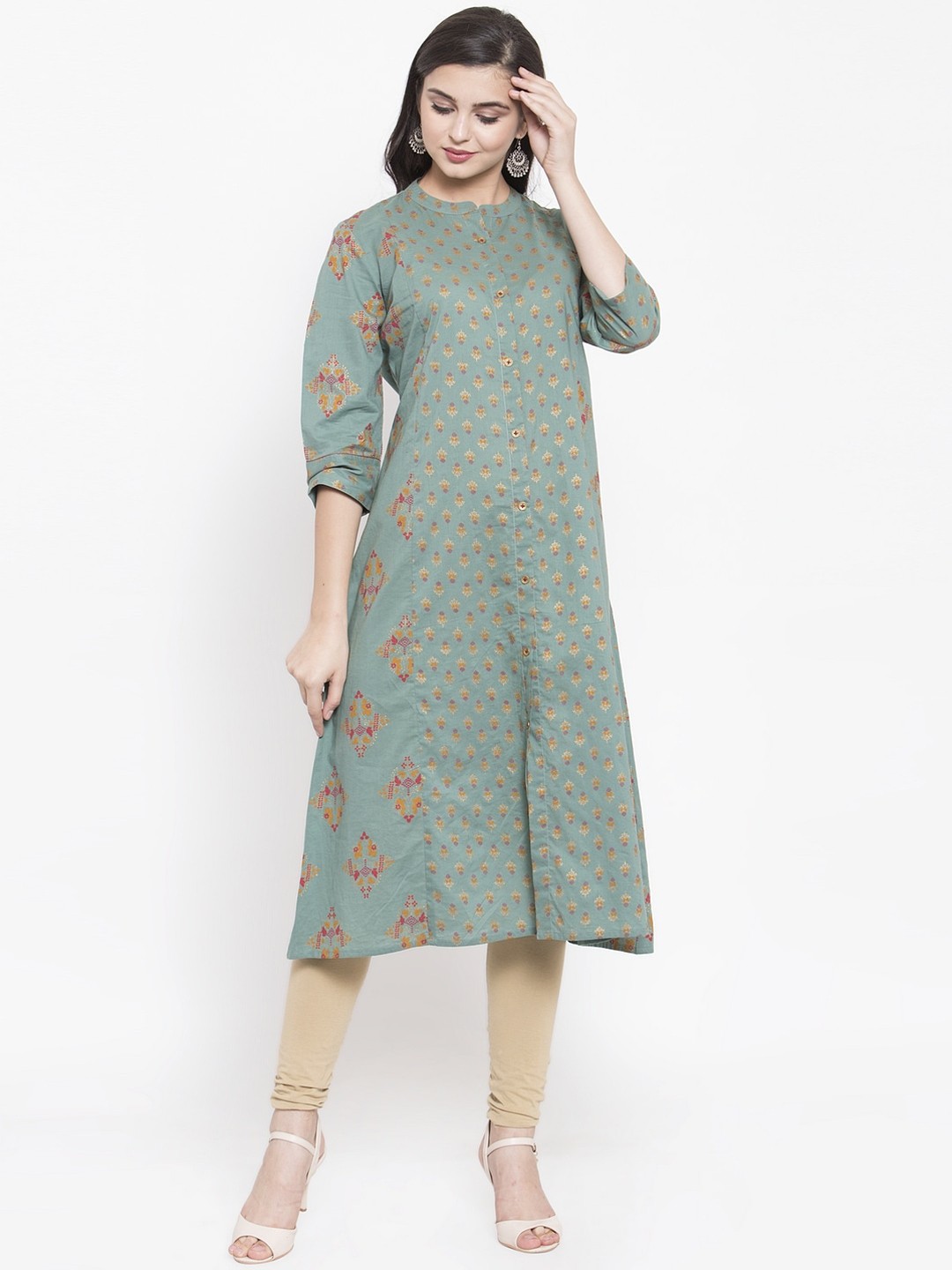 

The Kurta Express Women Green & Yellow Printed A-Line Kurta