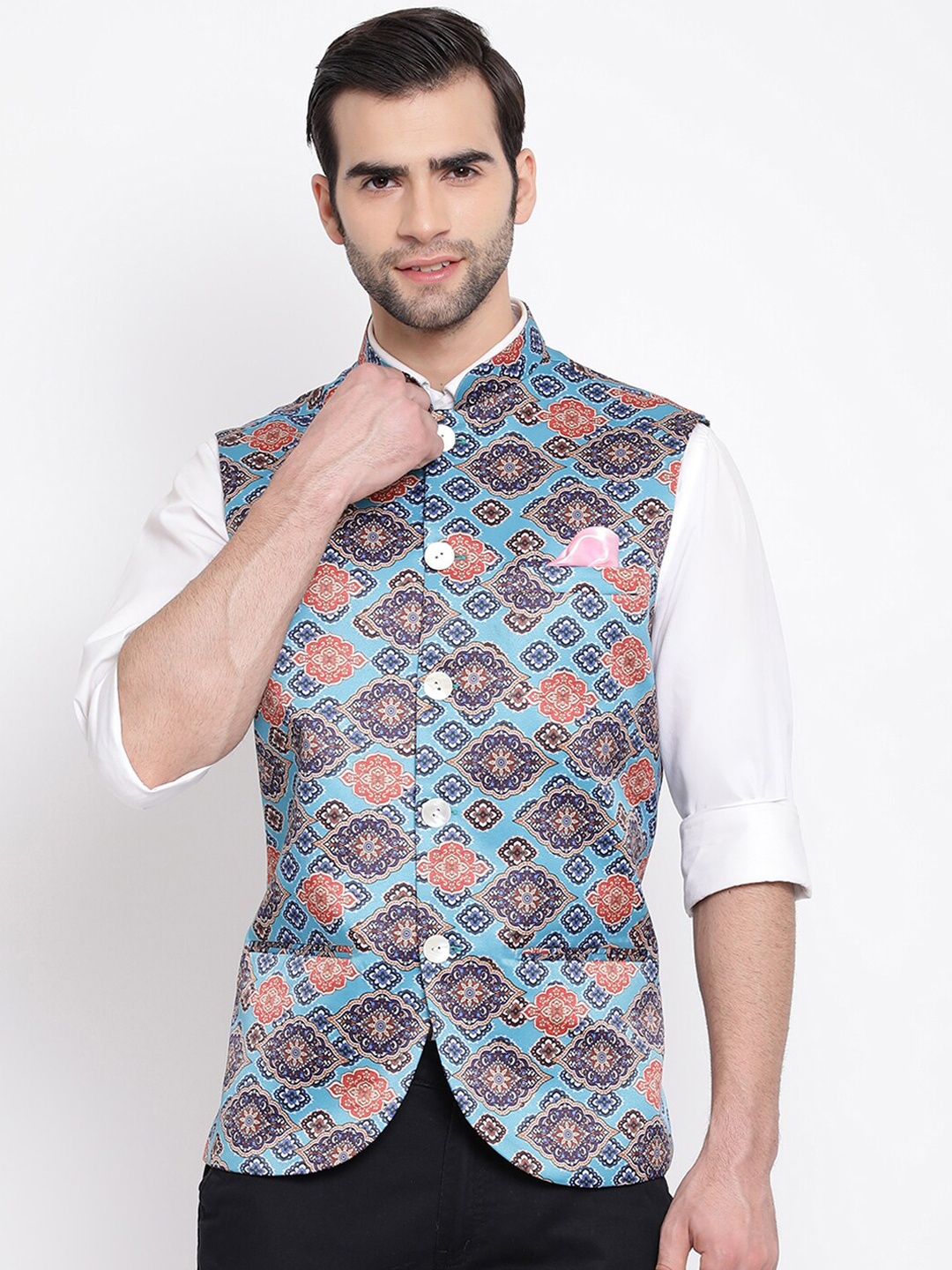 

VASTRAMAY Men Blue & Orange Printed Nehru Jacket