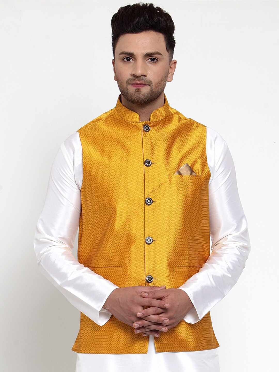 

Jompers Men Yellow Woven-Design Nehru Jacket