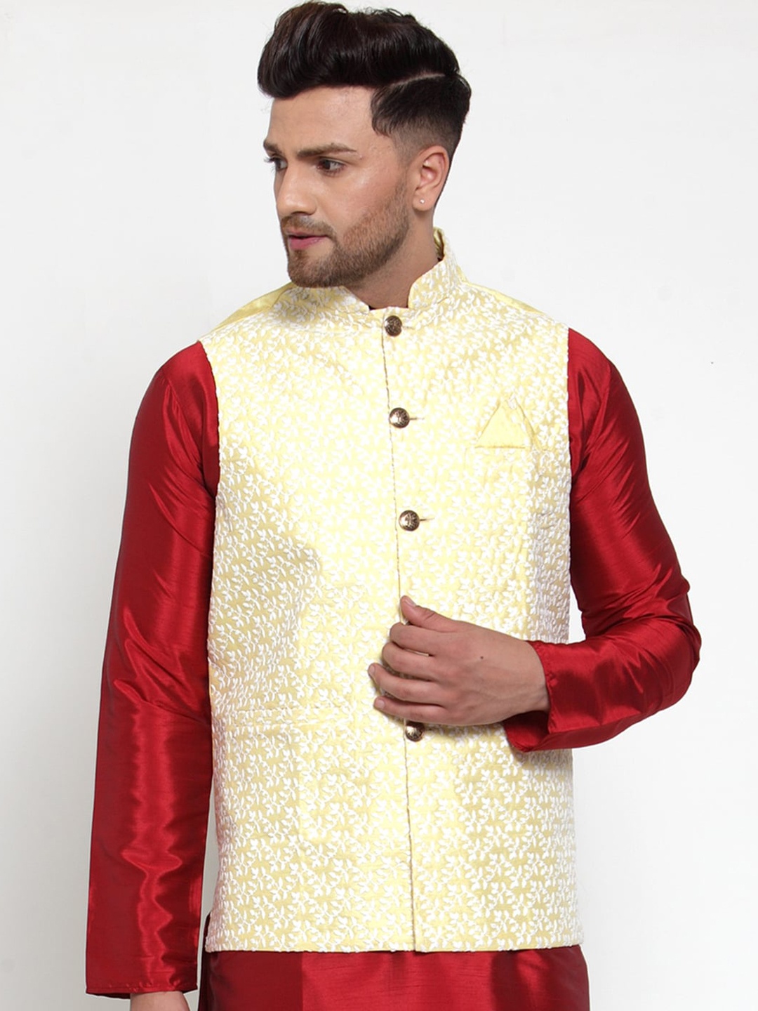 

Jompers Men Yellow & White Woven Embroidered Nehru Jacket