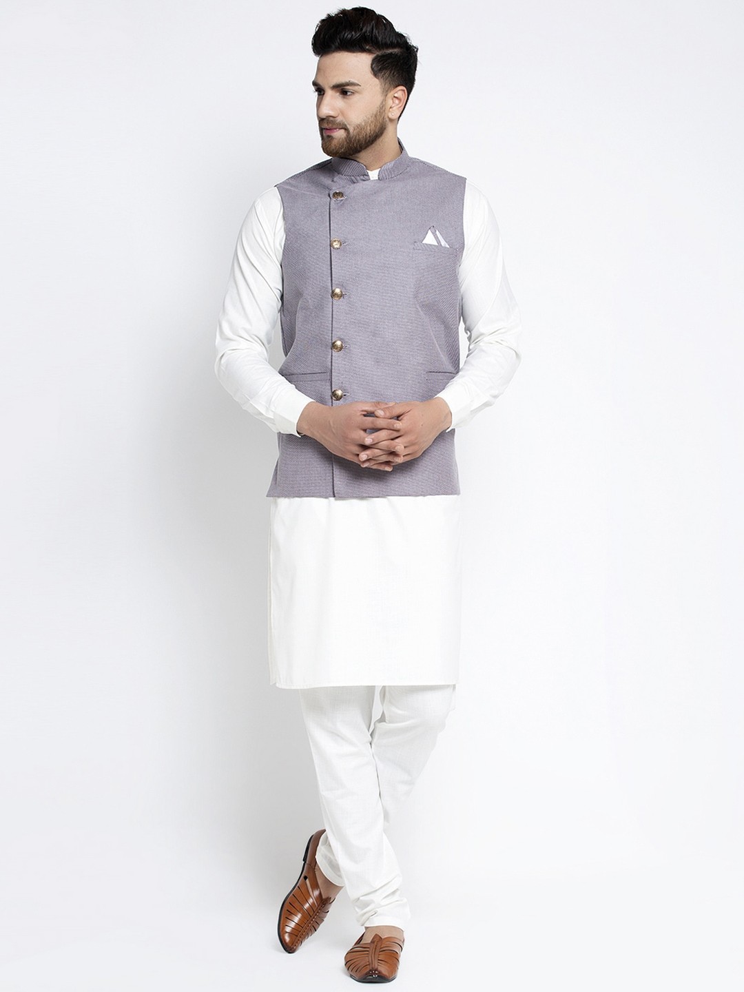 

Jompers Men White & Purple Solid Kurta with Pyjamas With Nehru Jacket
