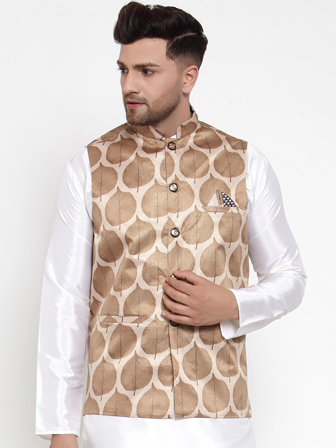 

Jompers Men Brown & off- White Printed Nehru Jacket