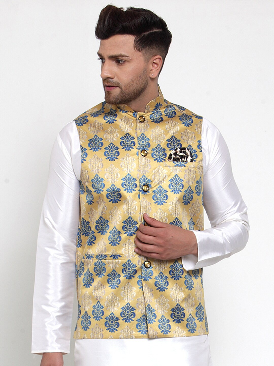 

Jompers Men Gold-Coloured & Blue Digital Printed Satin Nehru Jacket