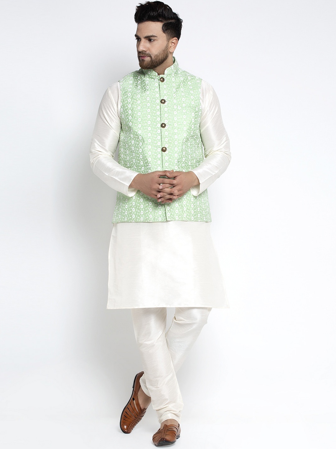 

Jompers Men Off-White Solid Kurta Set with Jacket