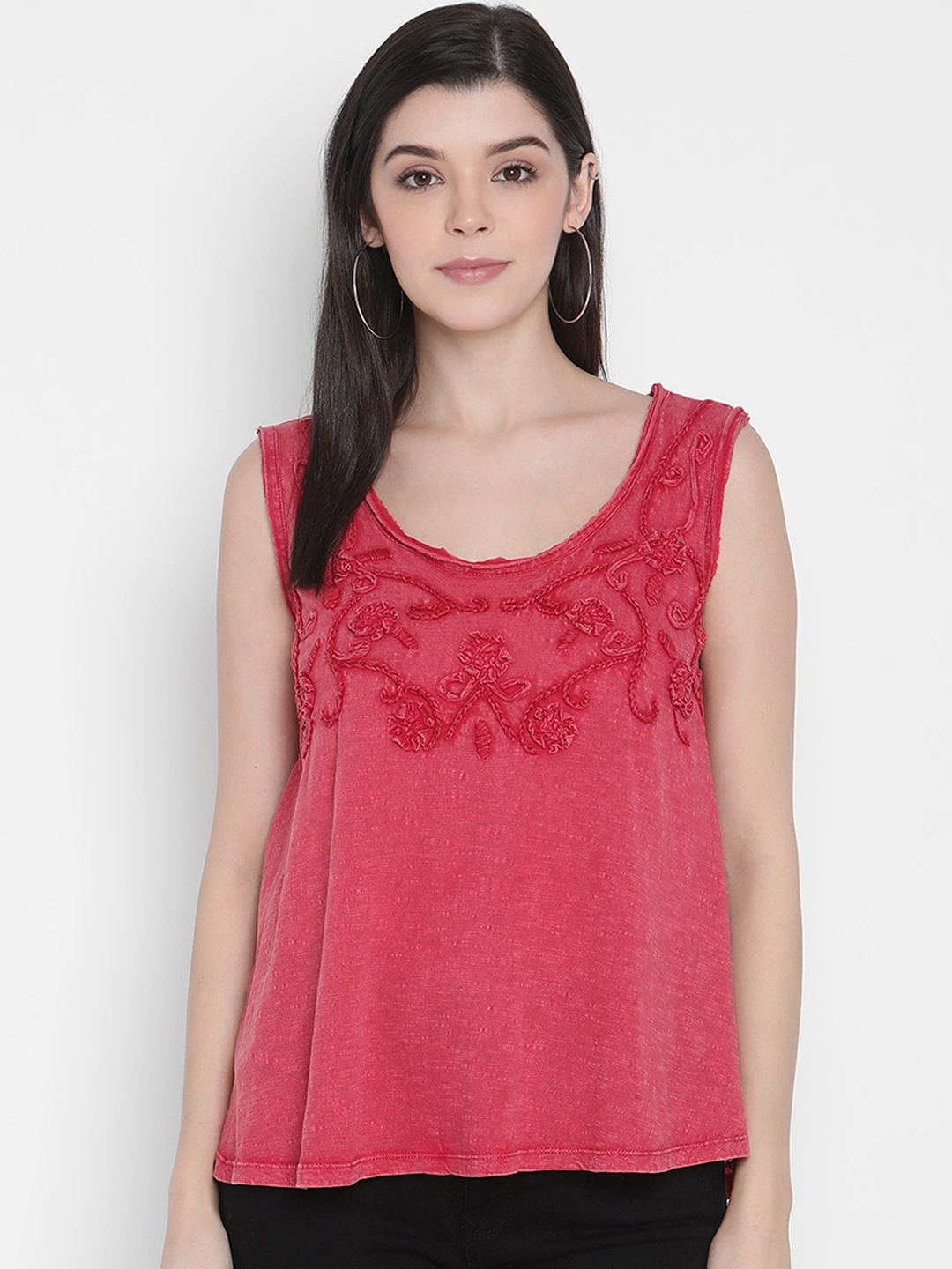 

Porsorte Women Red Floral Embroidered A-Line Top