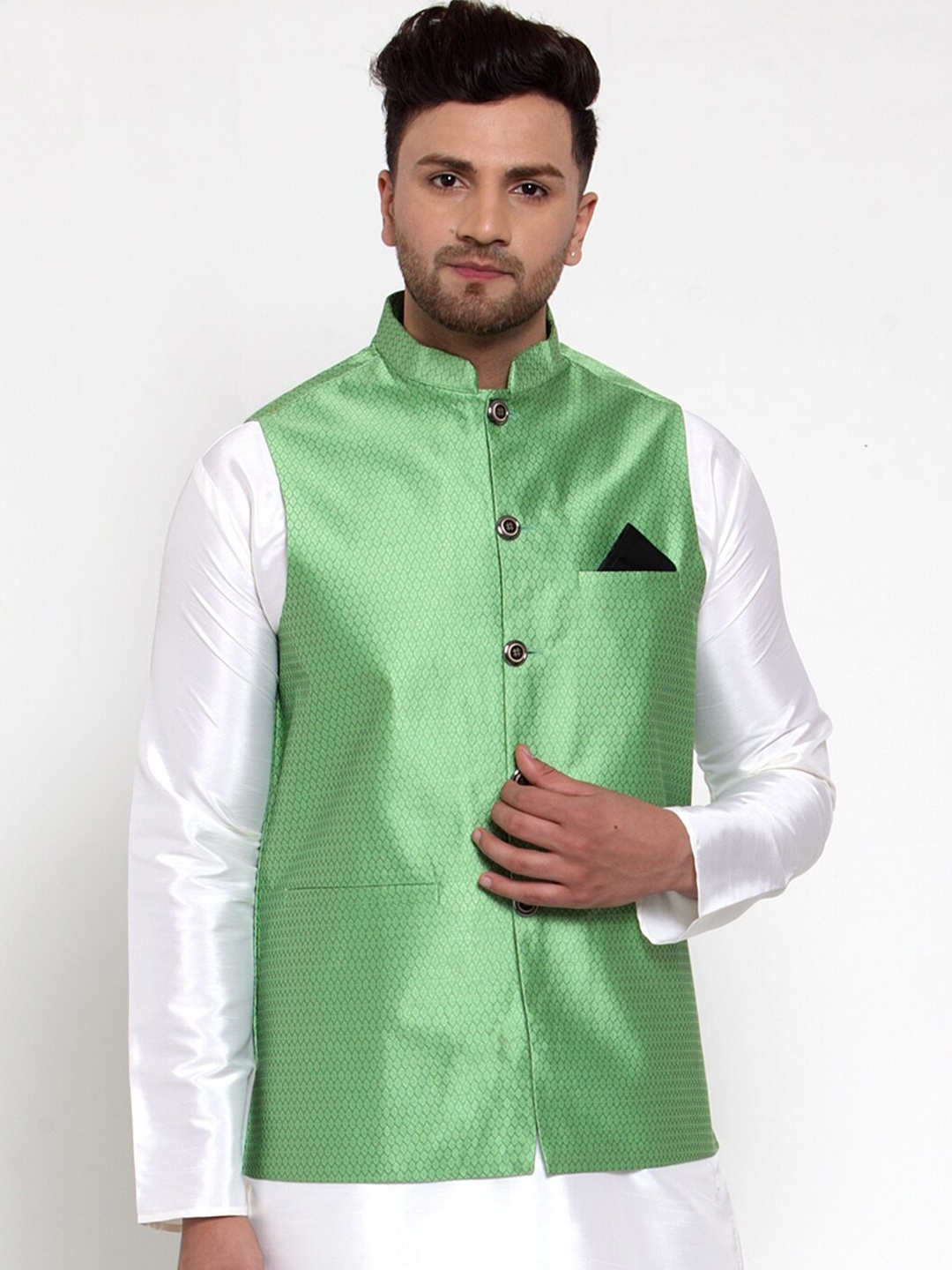 

Jompers Men Green Woven-Design Nehru Jacket